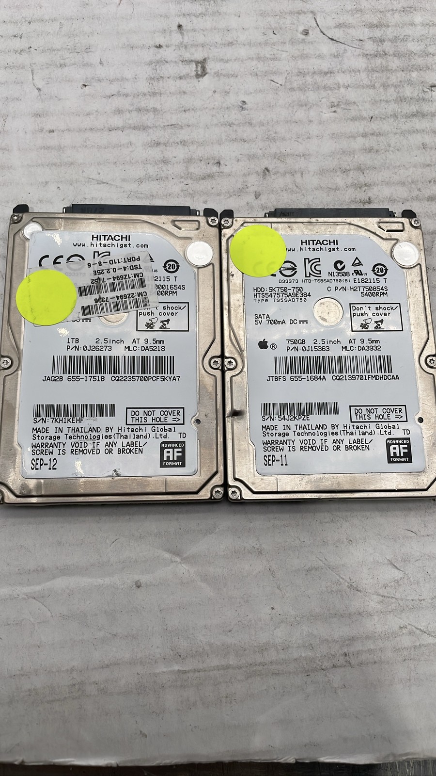 Hitachi 1TB 0J26273 & 750GB 0J15363 2.5" SATA HDD 5400RPM HTS Lot Of 2