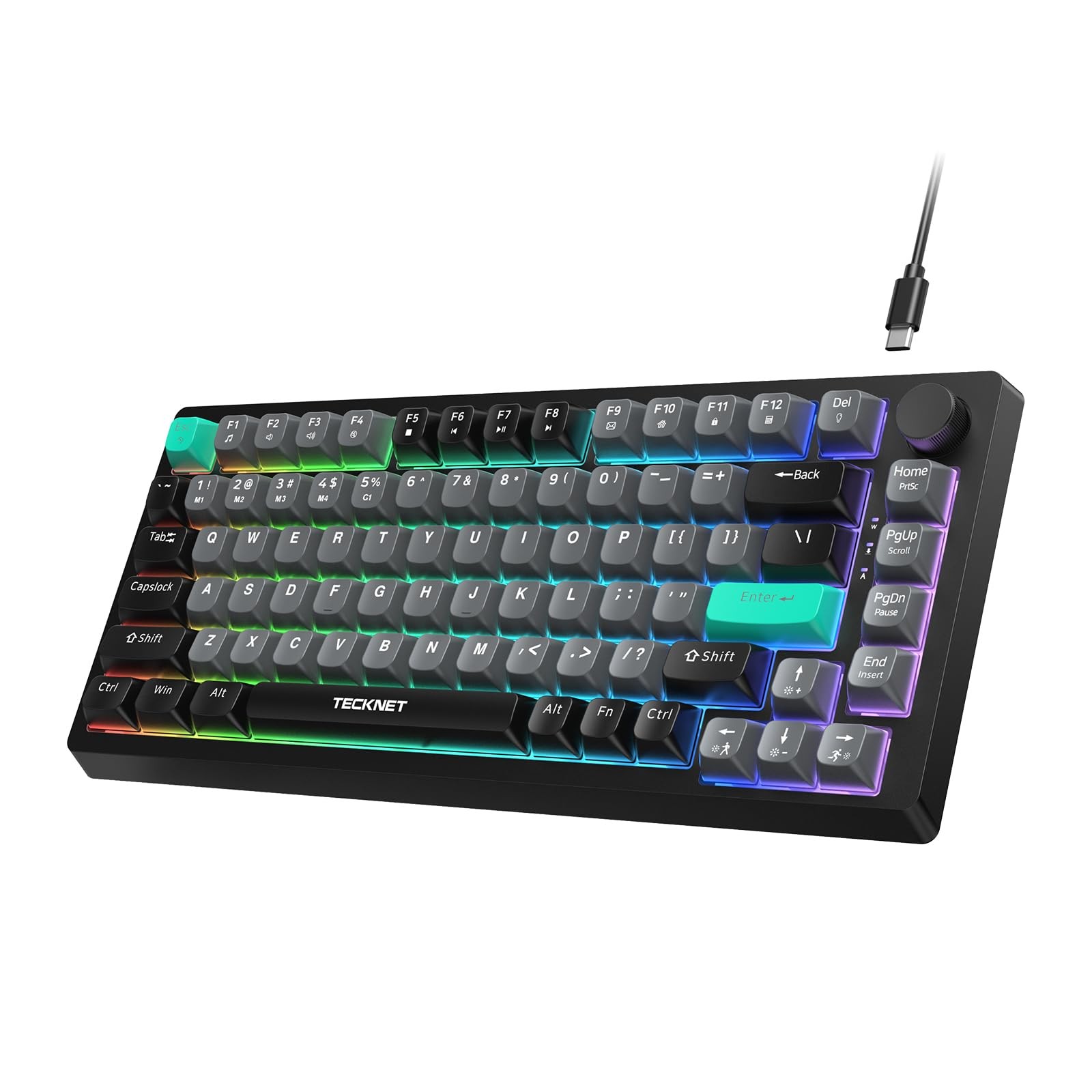75% Compact RGB Gaming Keyboard Wired Volume Control Knob PC Mac Quiet Switch