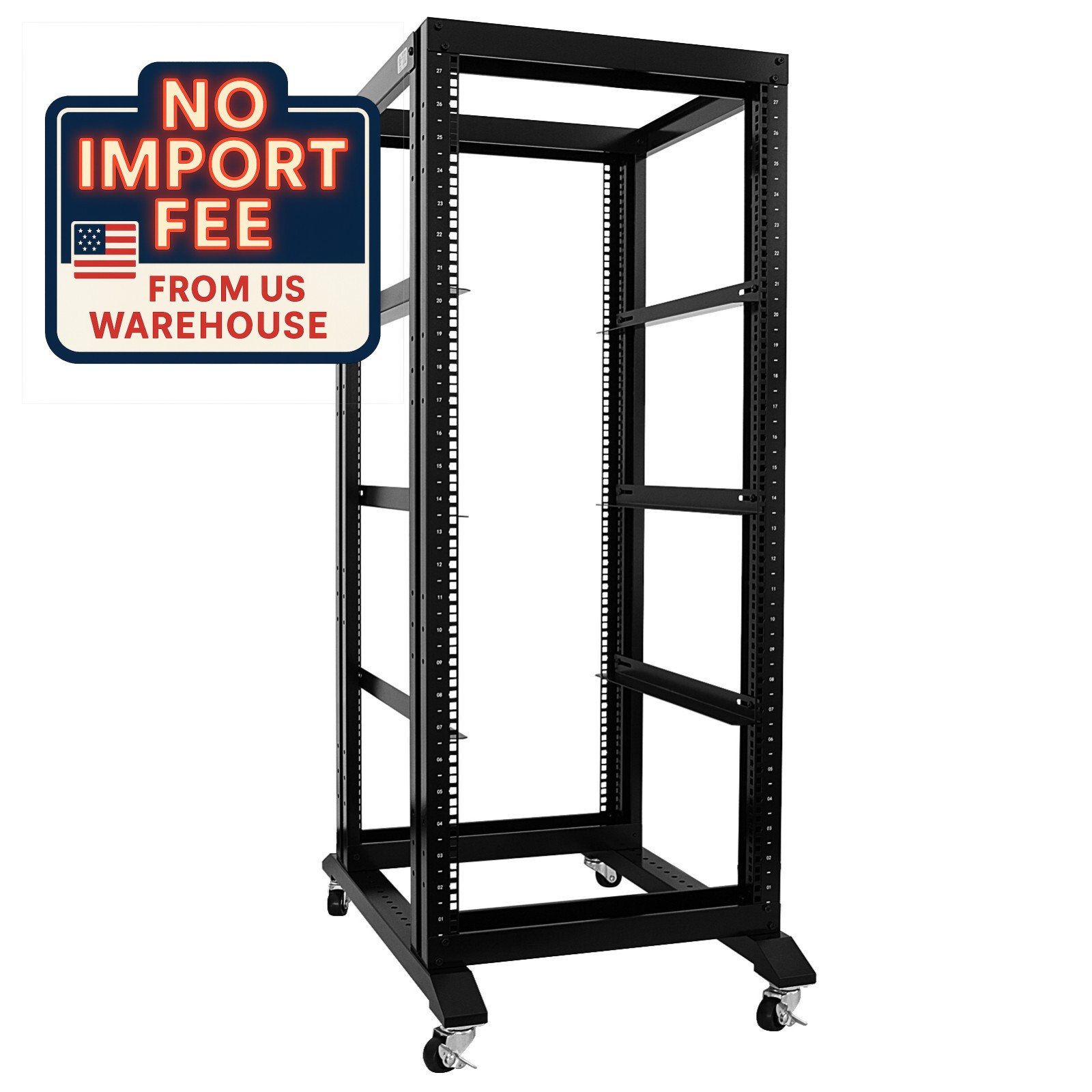 New 27U 4 Post Open Frame Server Open Rack 24" Deep With 3 pairs of L Rails