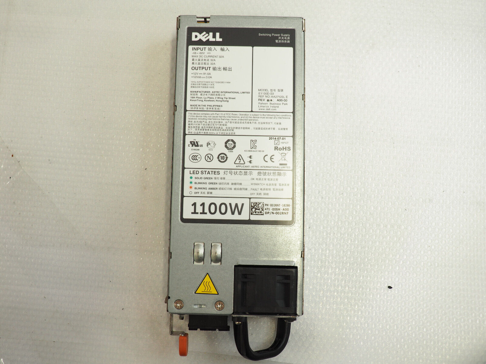 Dell Model: E1100D-S0 48V-60V 32A P/N: 02RN7 1100W DC Switching Power Supply