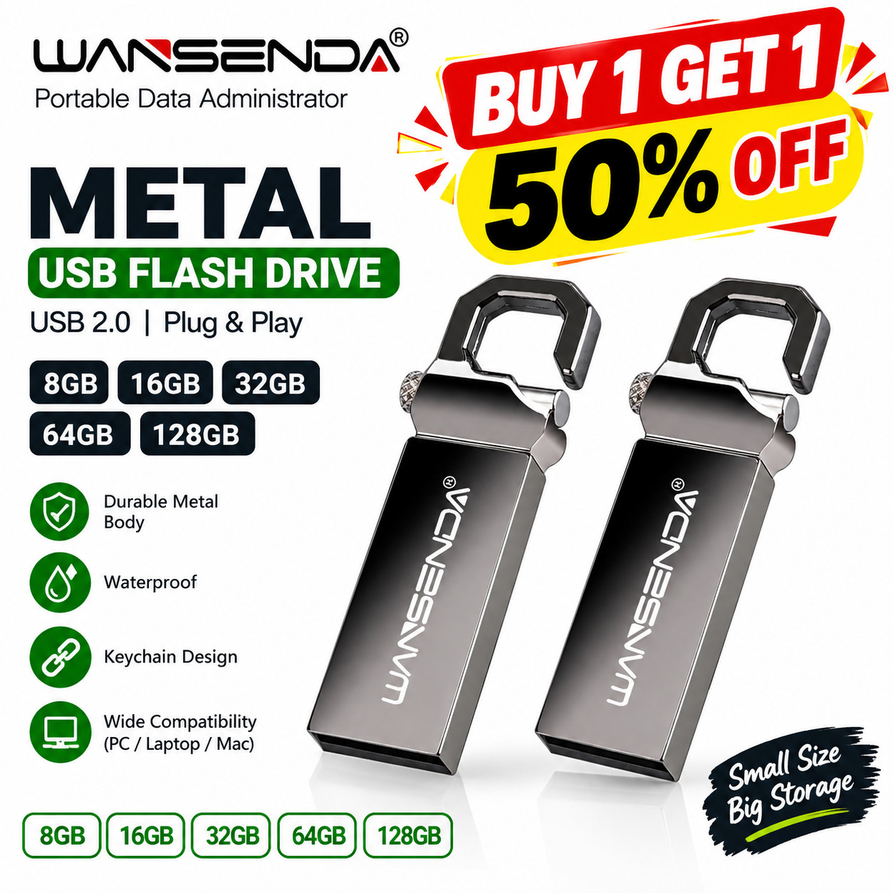 WANSENDA Metal USB Flash Drive 64GB 32GB 16GB 8GB 128GB USB 2.0 Memory Stick