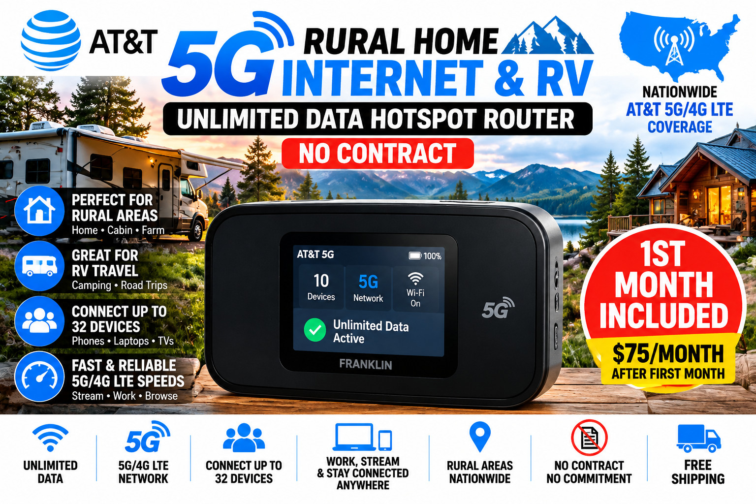 5G Rural Home Internet & RV | Unlimited Data Hotspot Router | No Contract
