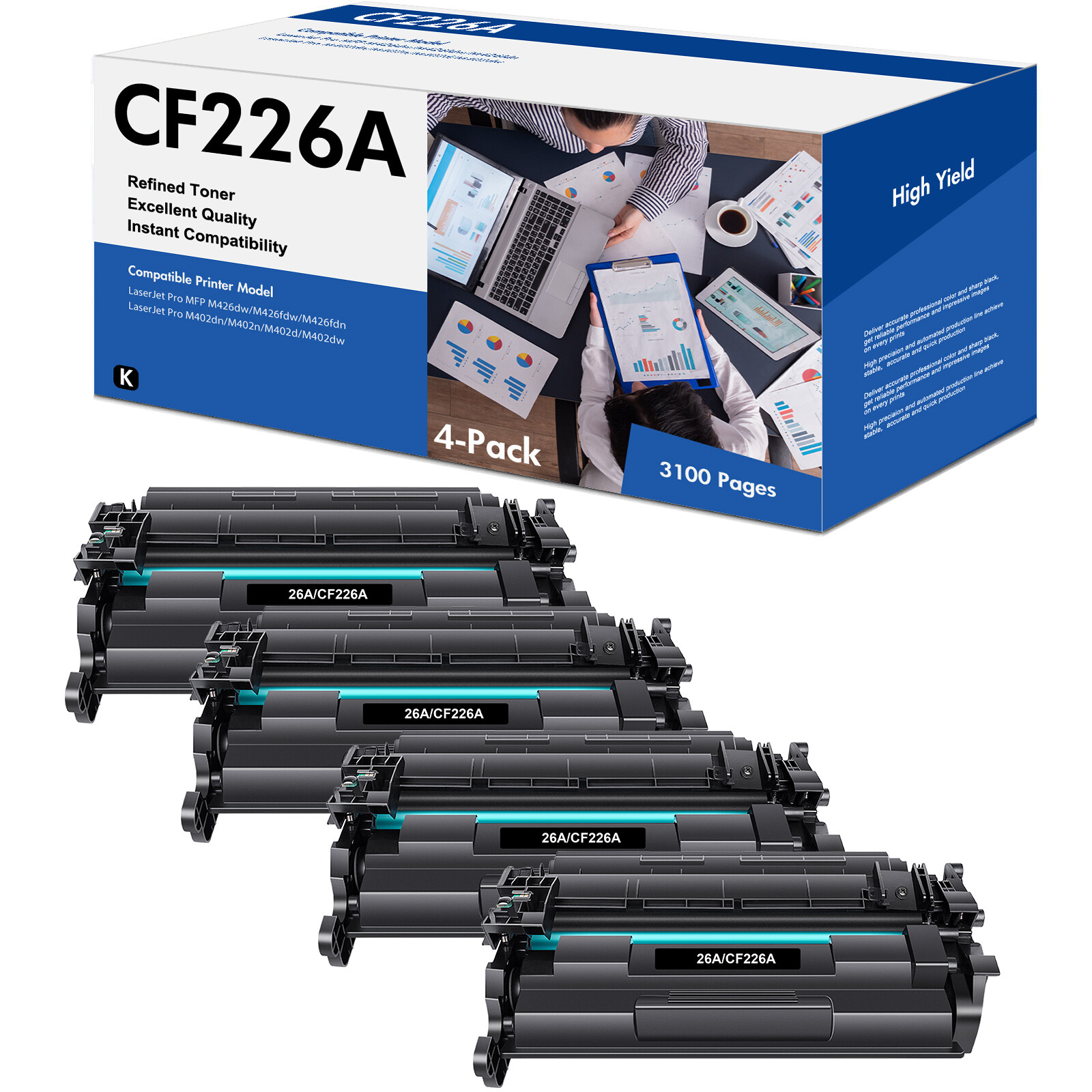 4PK CF226A Black Toner Cartridge for HP LaserJet Pro M402dn M402dw M402D
