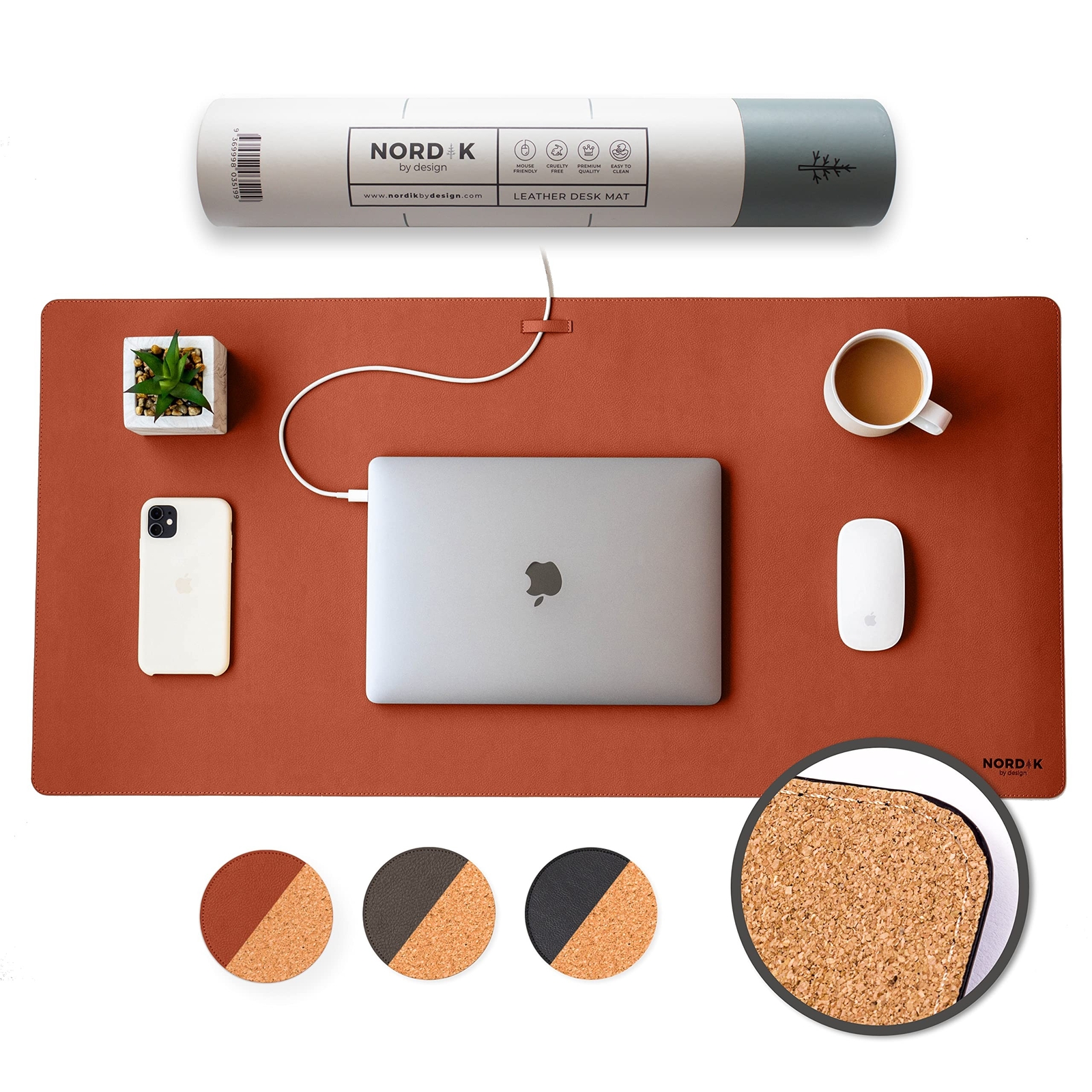 Nordik Cork Leather Desk Mat Cable Organizer (Saddle Brown 35 X 17 inch) Prem...