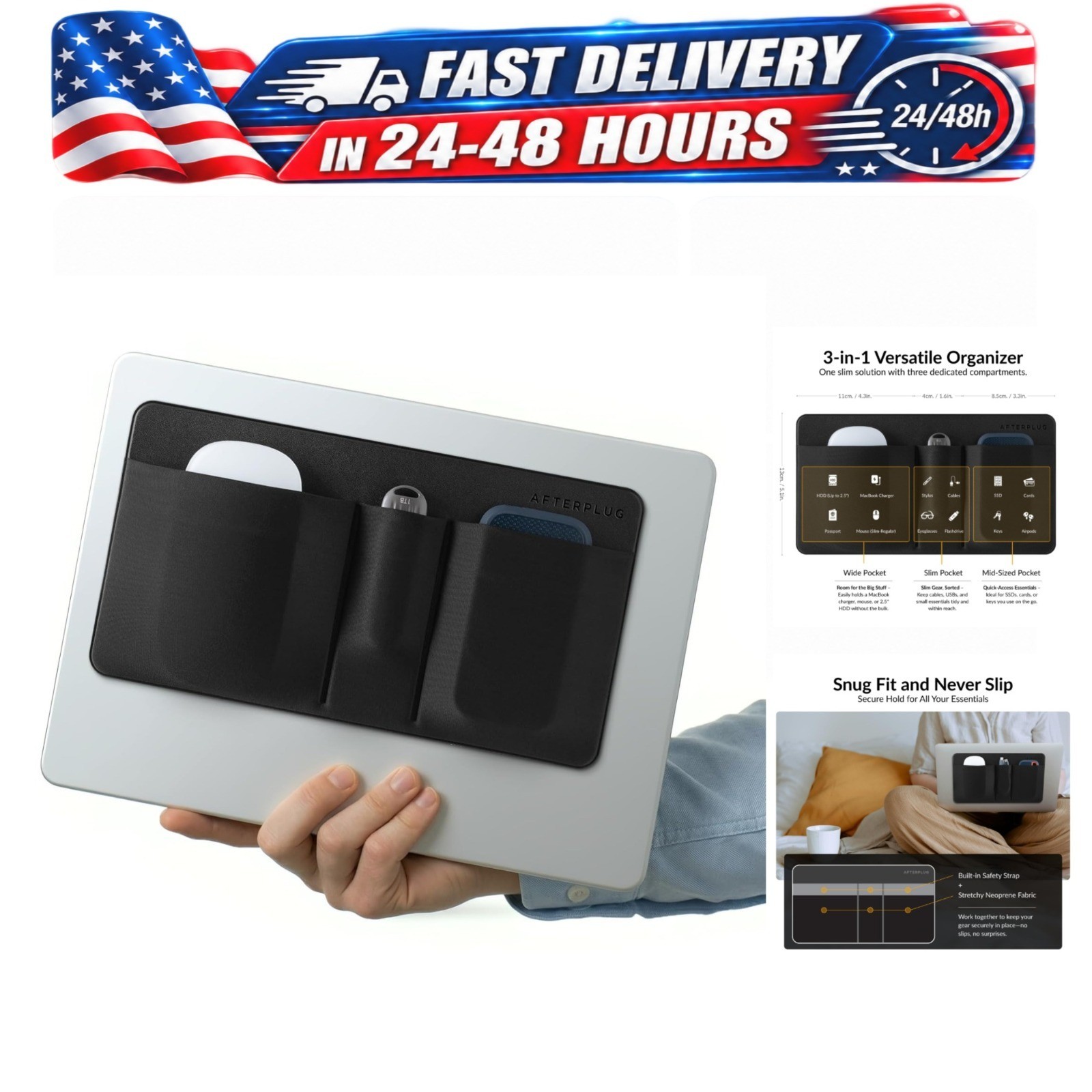 Afterplug 3-Pocket Stick-On Hard Drive & Mouse Pouch for Laptop, Black