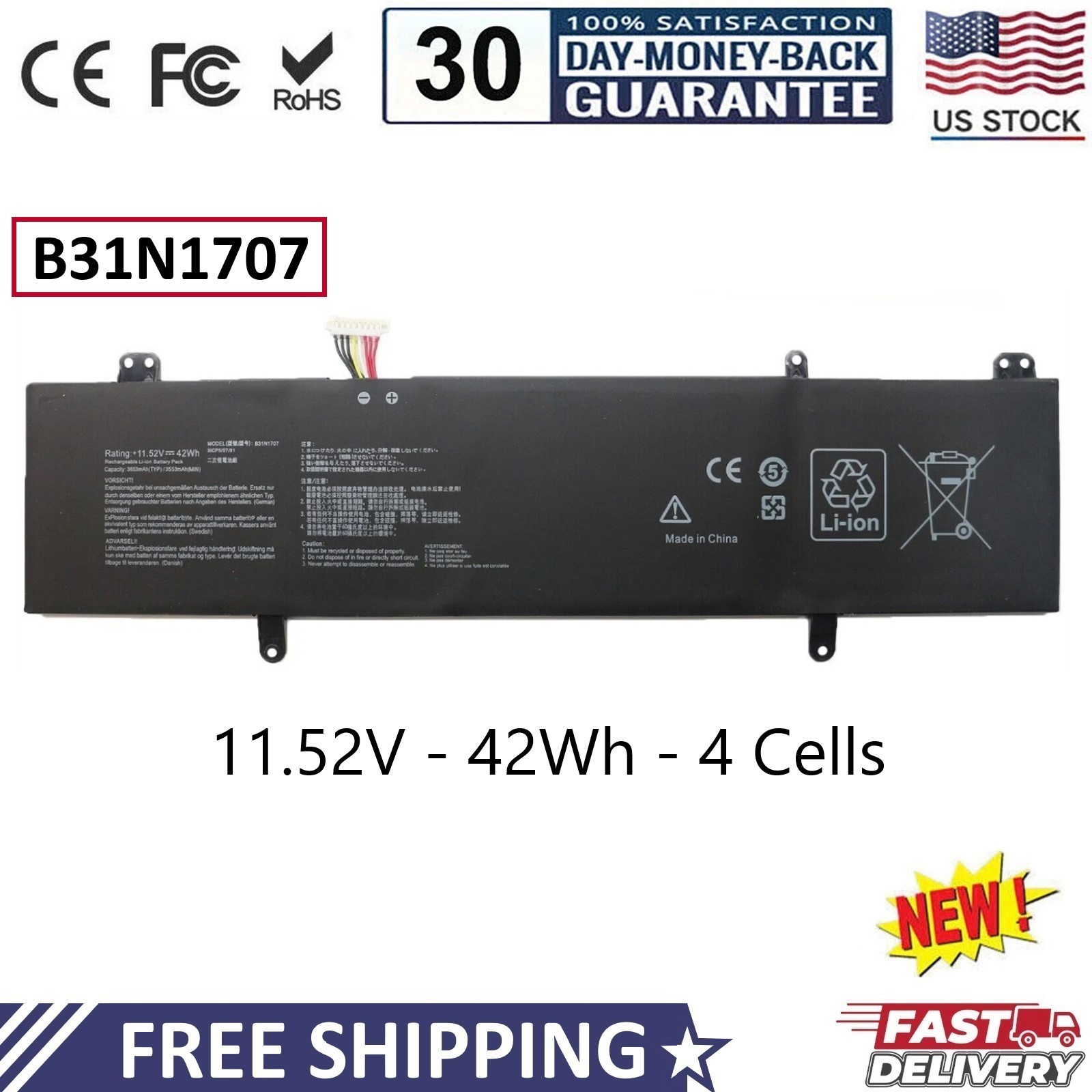 New B31N1707 Battery for Asus S4100V S4200U VivoBook 14 X411UQ X411UA S14 S410UN