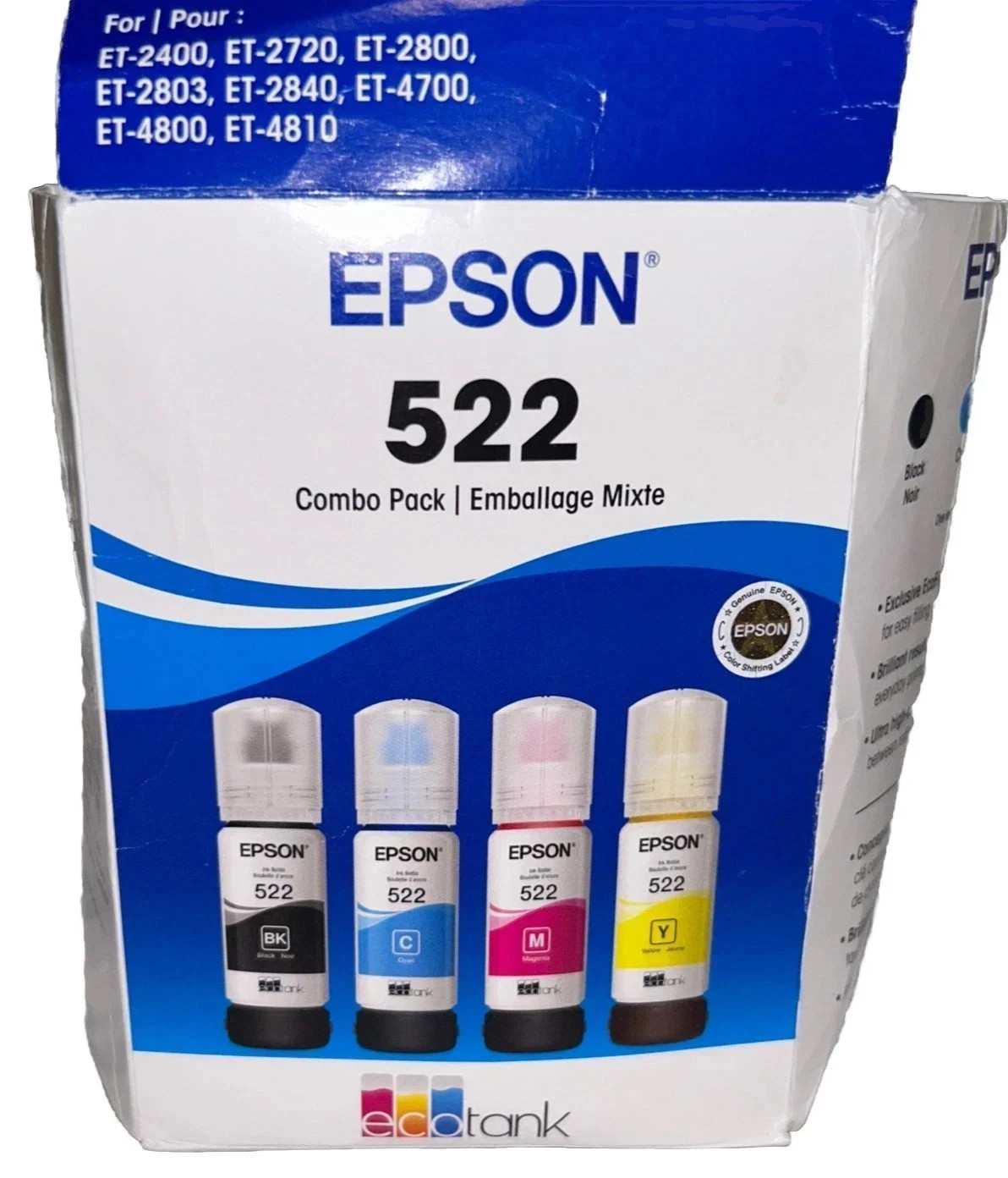 Genuine Epson 522 Ink Bottles Combo for ET-4700 4800 4810 Printer-4 Packs