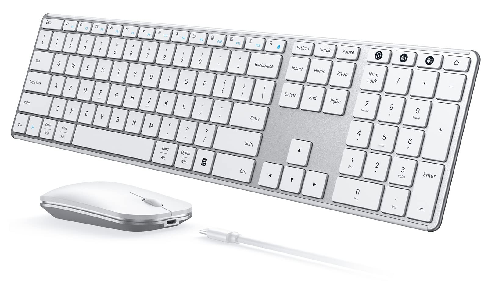 seenda SKM64-3 Wireless Bluetooth Keyboard Mouse Full Size, White Silver