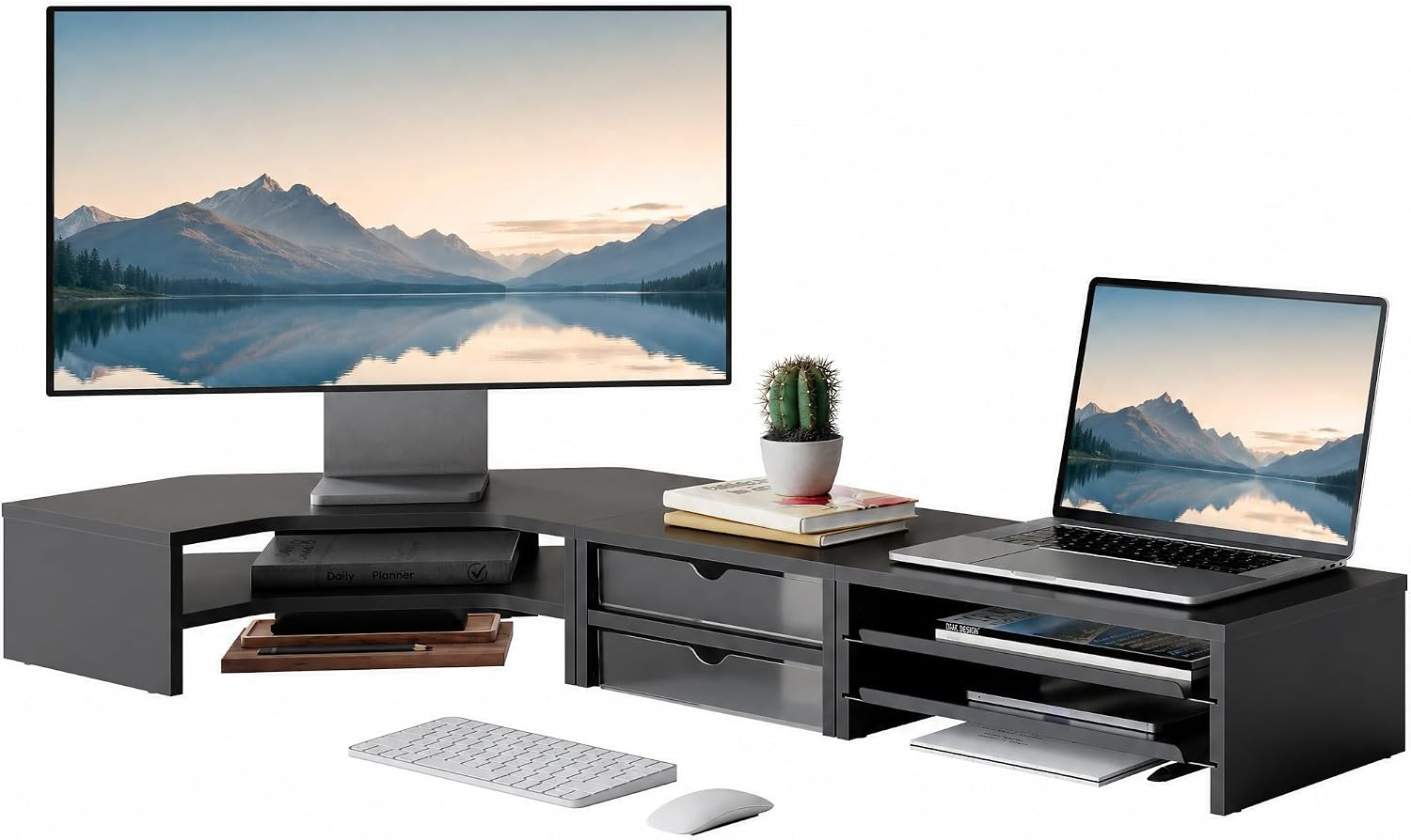 Dual Monitor Stand 2-Tier Corner Monitor Riser with Drawer and Slide-out Tray