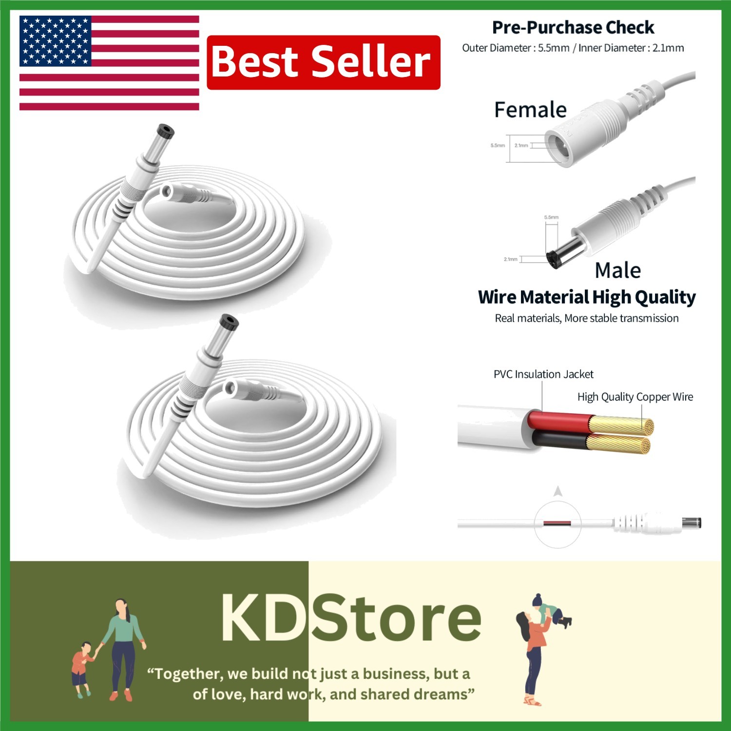 2 Pack 3.3FT DC Power Extension Cable - Reliable 12V Adapter for CCTV & LED