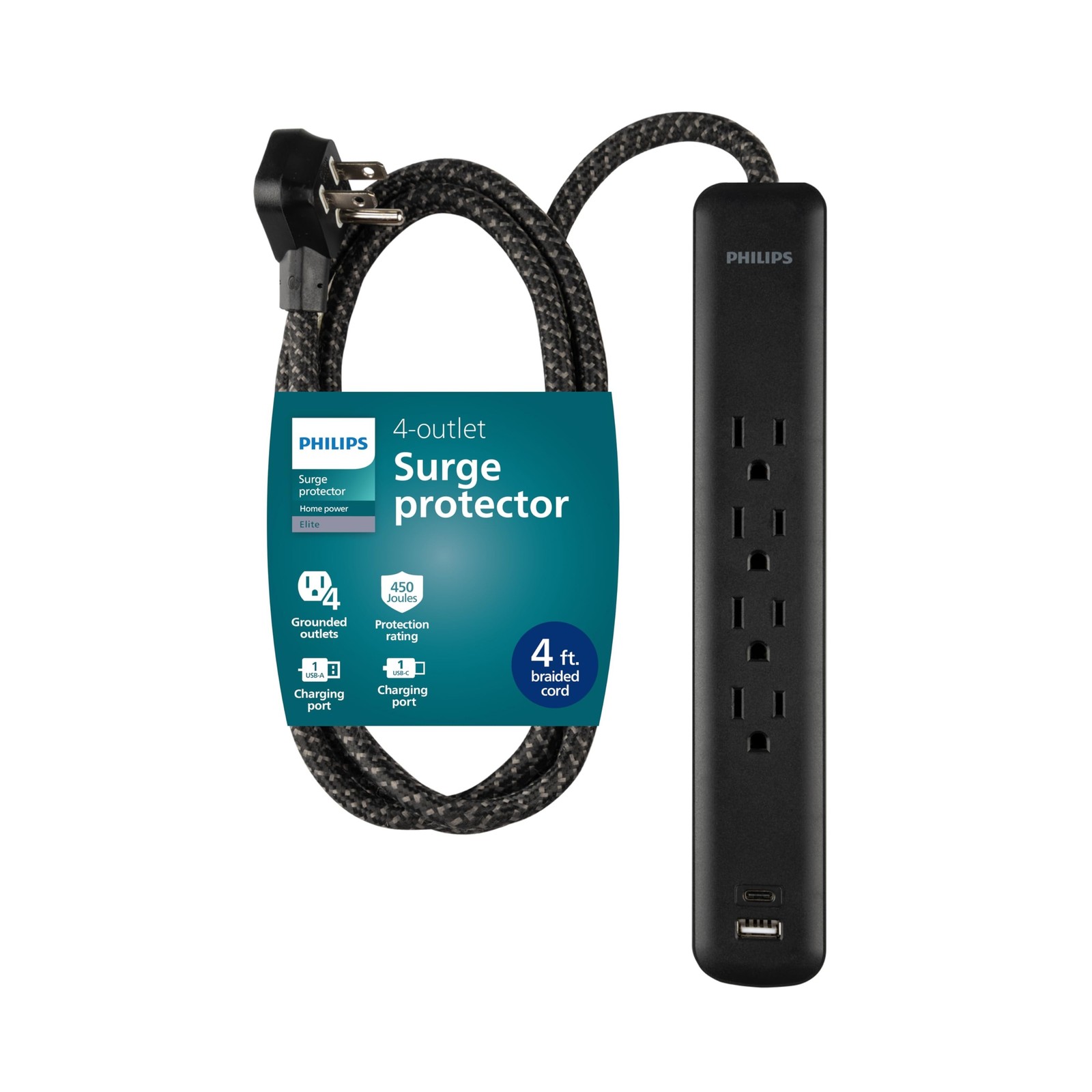 Philips Surge Protector Power Strip with USB Ports, 4 Ft Braided Extension Co...