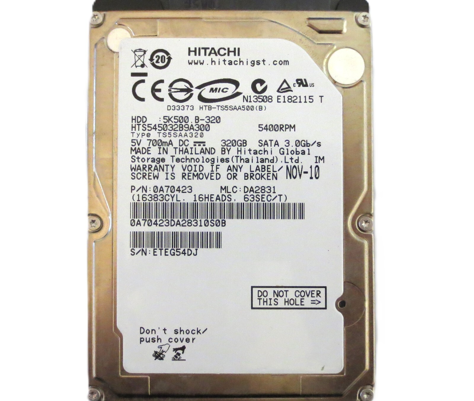 Hitachi HTS545032B9A300 0A70423 DA2831 (ETE) Thailand 320gb 2.5" Sata HDD NOV-10
