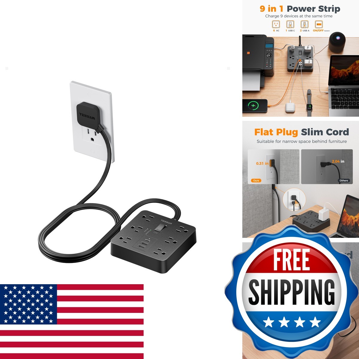 TESSAN Black Flat Plug Extension Cord 1700J Surge Protection 5Ft