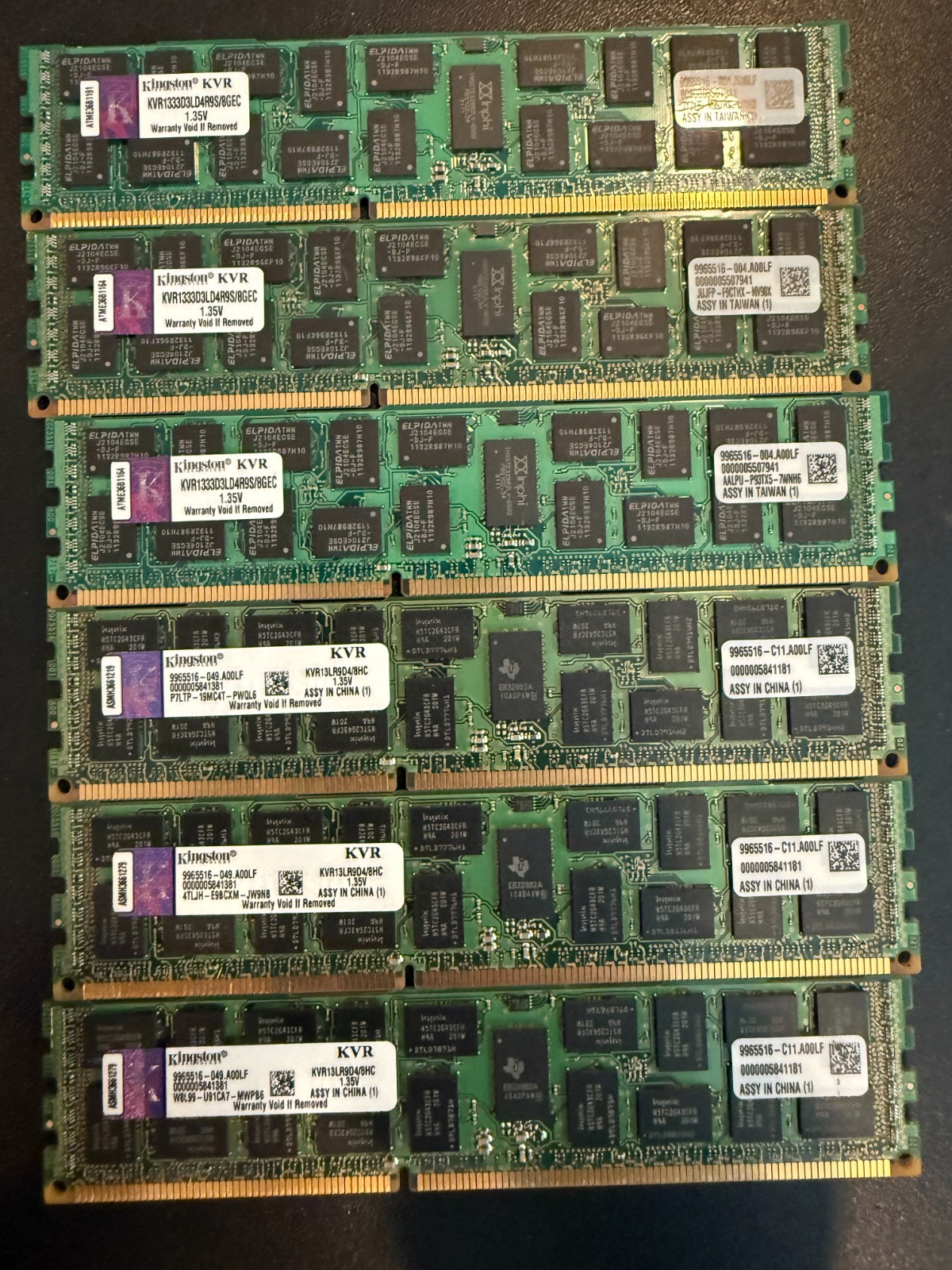 Lot of 6 Kingston 8GB 2Rx4 PC3L-10600R DDR3 ECC REG 1.35V Server RAM 48GB Total