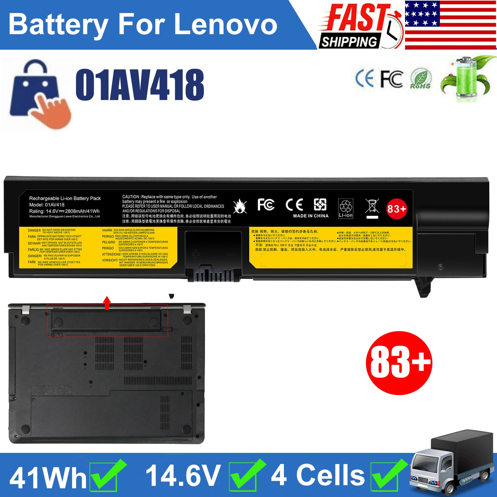 ✅83+ 01AV418 01AV416 Battery For Lenovo Thinkpad E570 E570c E575 4X50M33574 NEW