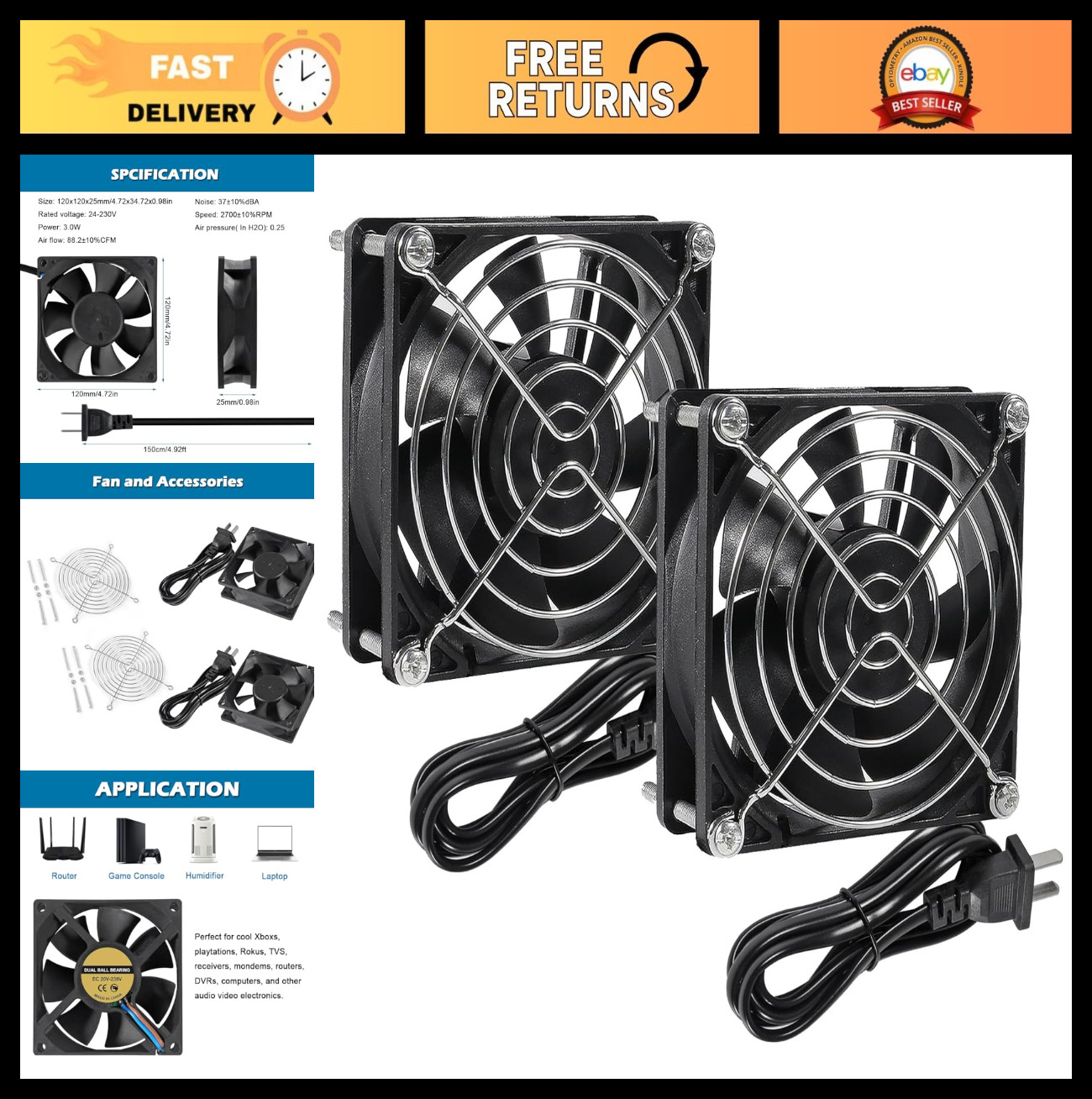 2PCS EC Brushless Cooling Fans 120x25mm Dual Ball Bearing for DIY Cooling, Route