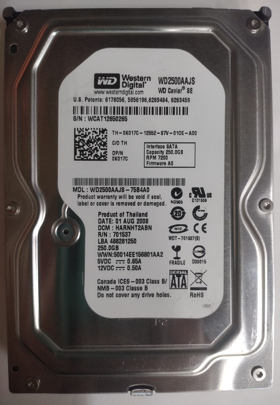 Western Digital WD2500AAJS-75B4A0 0K017C SATA 3.5" 250GB 7.2K 8MB