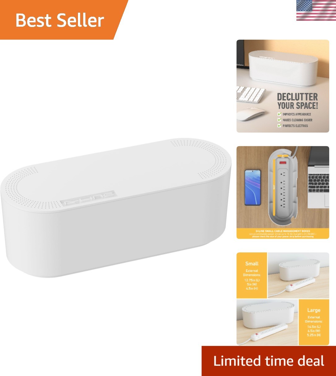 Elegant Cable Management Box | Cord Organizer for Power Strips 10.5in - White