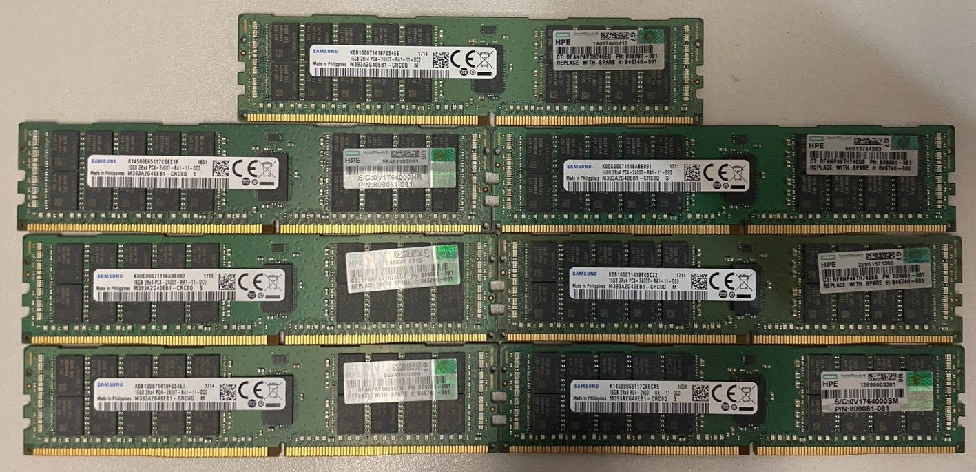 Lot of 7 Samsung 16GB DDR4-2400 PC4-19200 2Rx4 ECC RDIMM HPE Server RAM