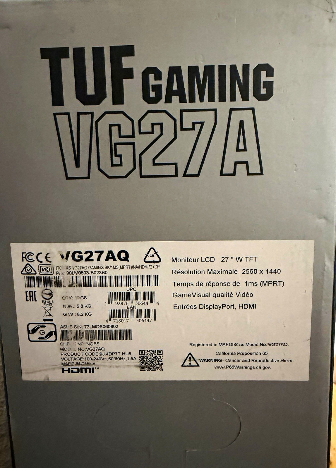 ASUS TUF Gaming VG27AQ 27in QHD 165Hz 1ms LCD Adaptive-Sync HDMI/DP