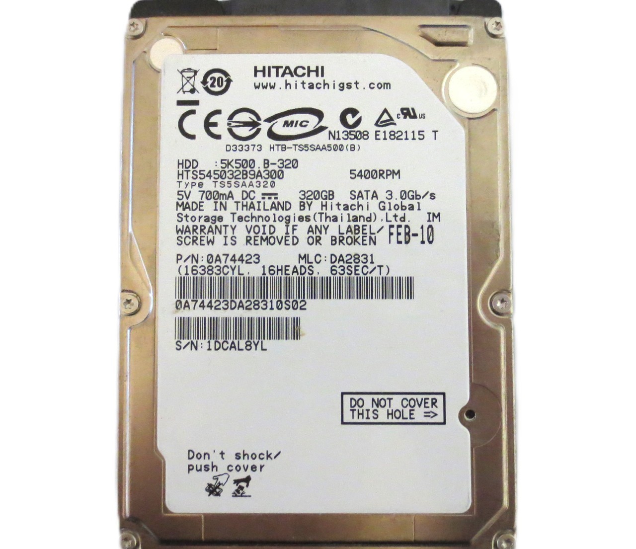 Hitachi HTS545032B9A300 PN: 0A74423 MLC:DA2831 Thailand 320gb 2.5" Sata HDD 2010