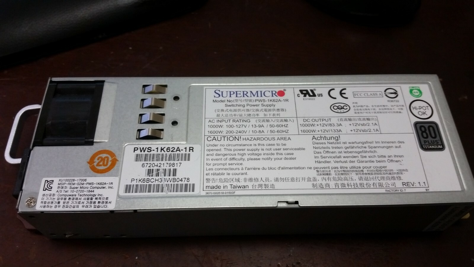 SuperMicro PWS-1K62A-1R 1600W 80 Plus Titanium Switching Power Supply
