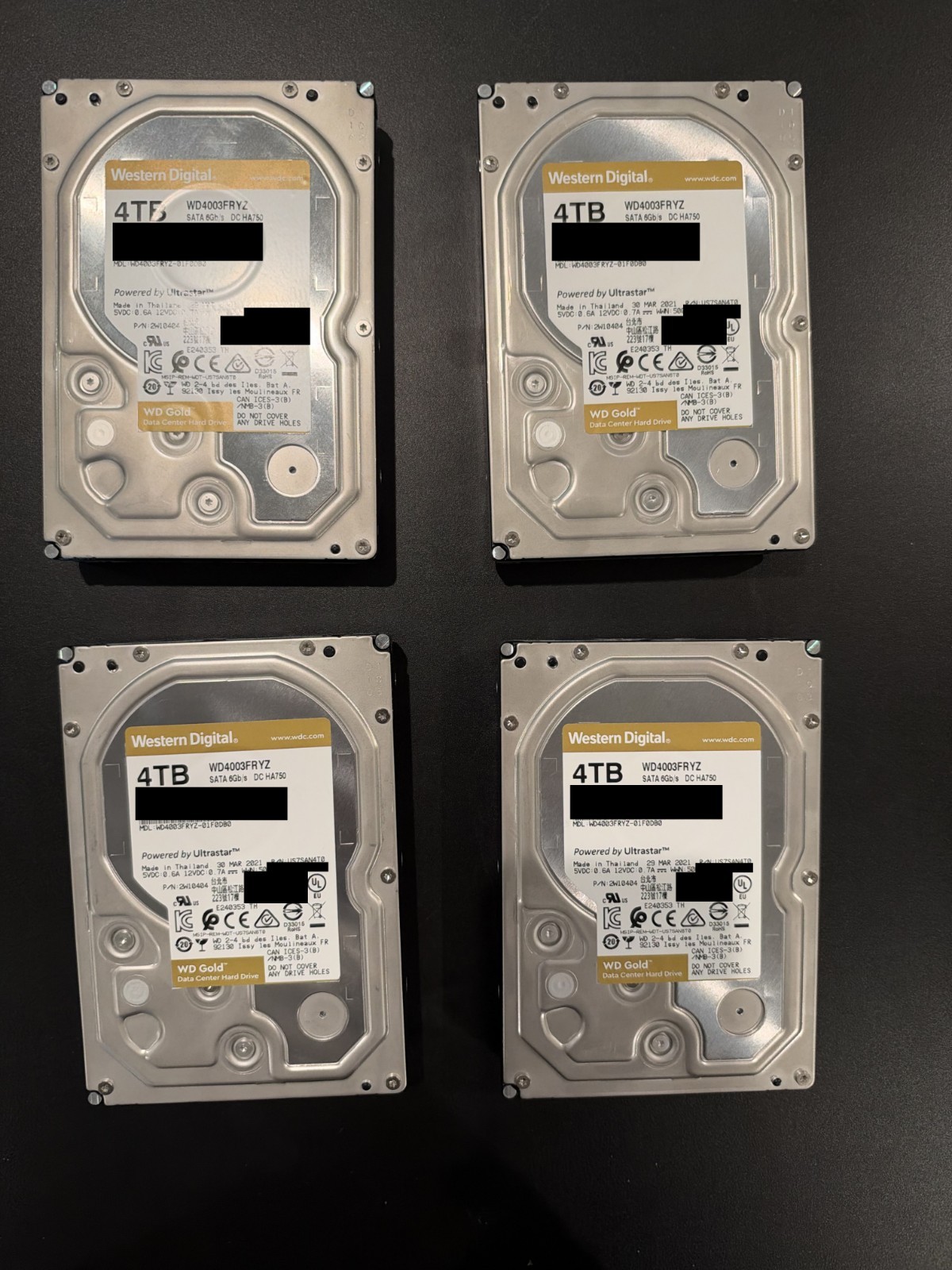 Lot of 4 WD Gold 4TB WD4003FRYZ SATA 3.5" 7200RPM CMR Enterprise HDDs