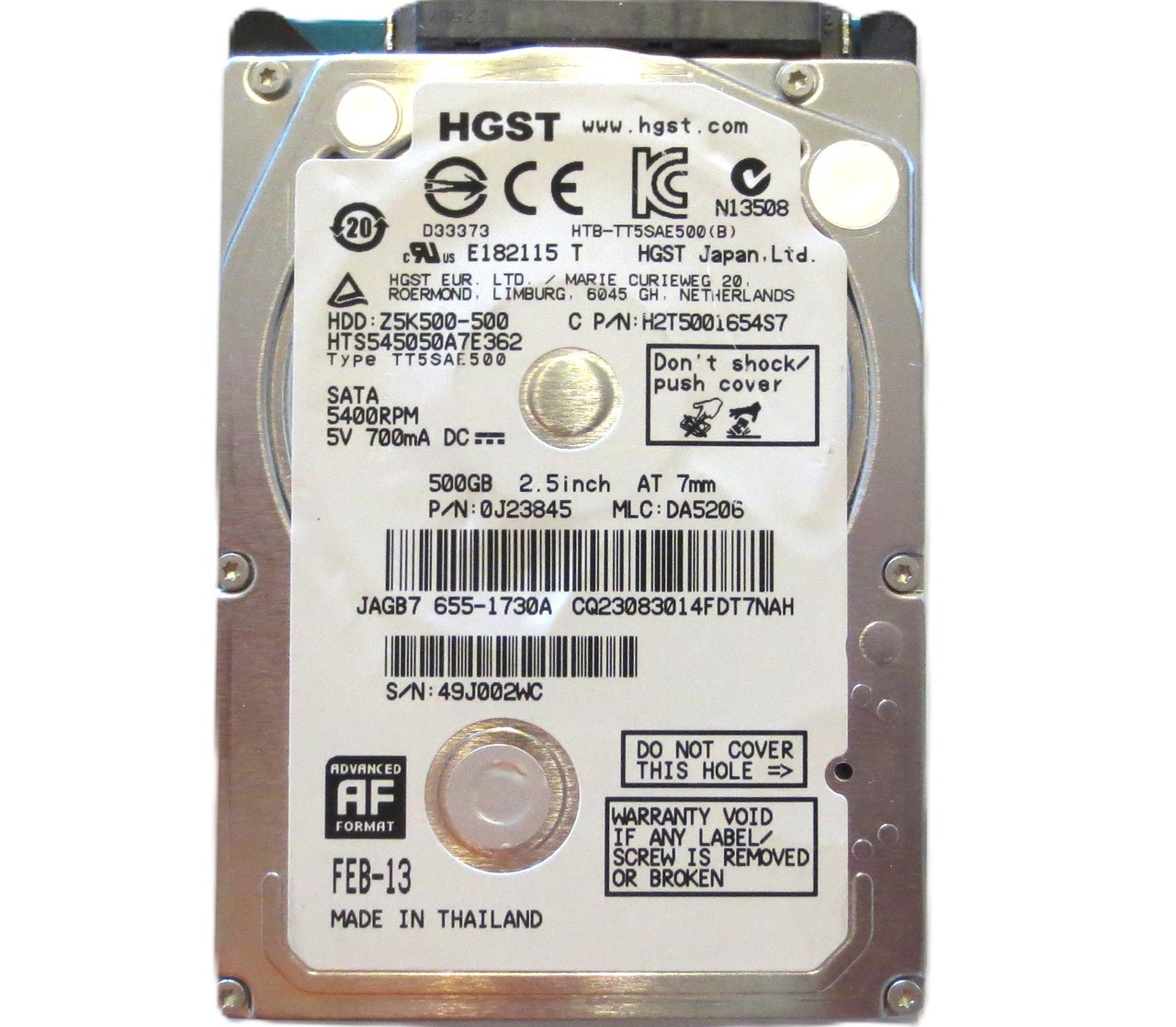 HTS545050A7E362 PN: 0J23845 MLC: DA5206 Thailand 2.5" 500gb Sata HDD FEB-13