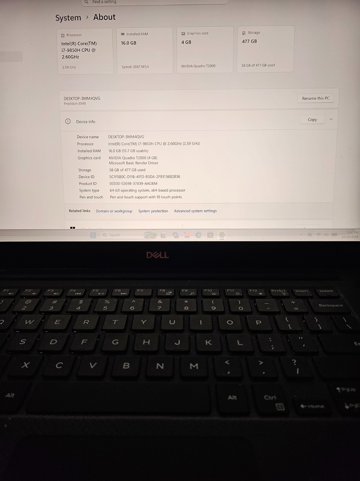 Dell Precision 5540 15.6 TOUCH i7-9850H 16GB 512GB SSD NVidia Quadro T2000 AS IS