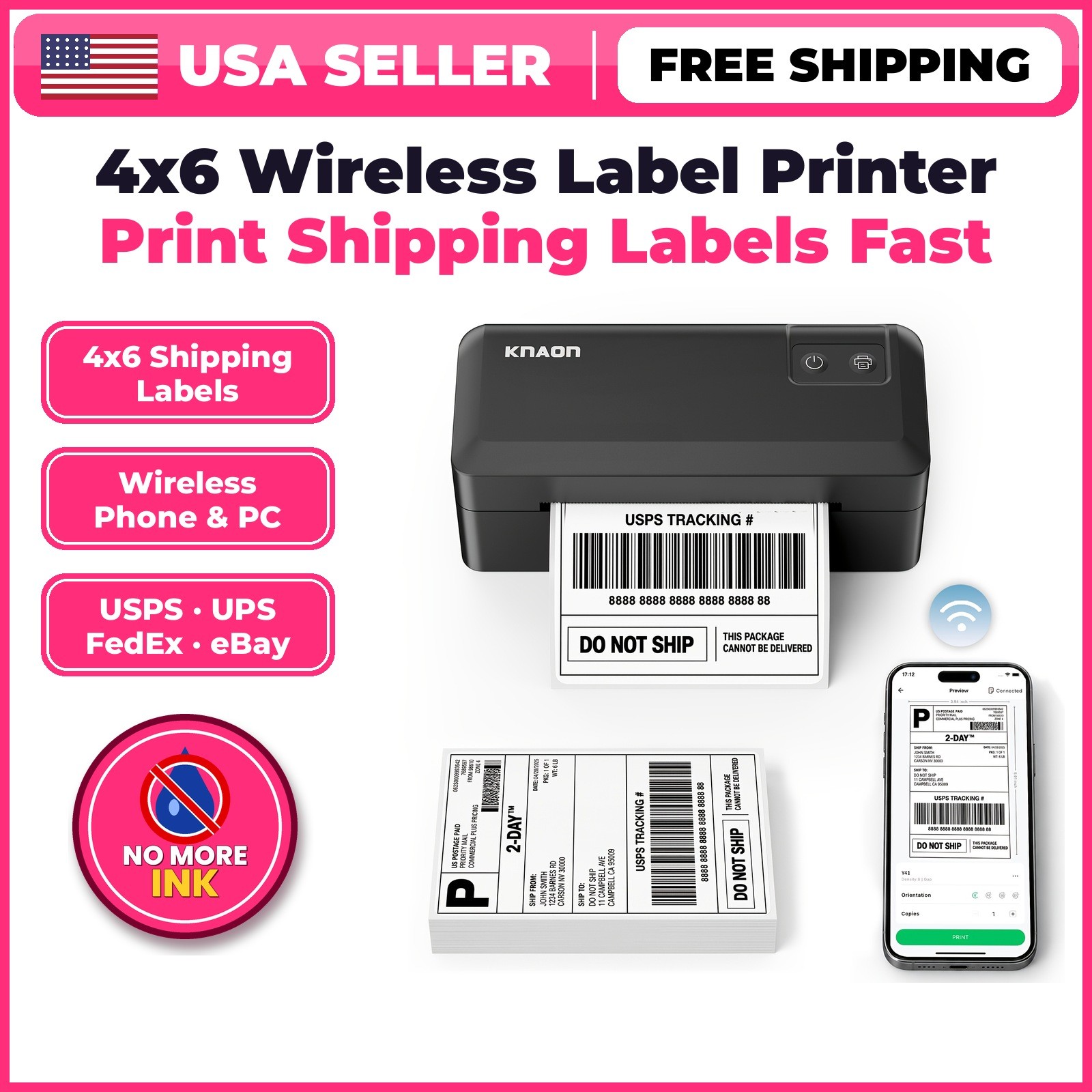 KNAON Wireless 4x6 Thermal Label Printer Shipping Labels Inkless iPhone Windows