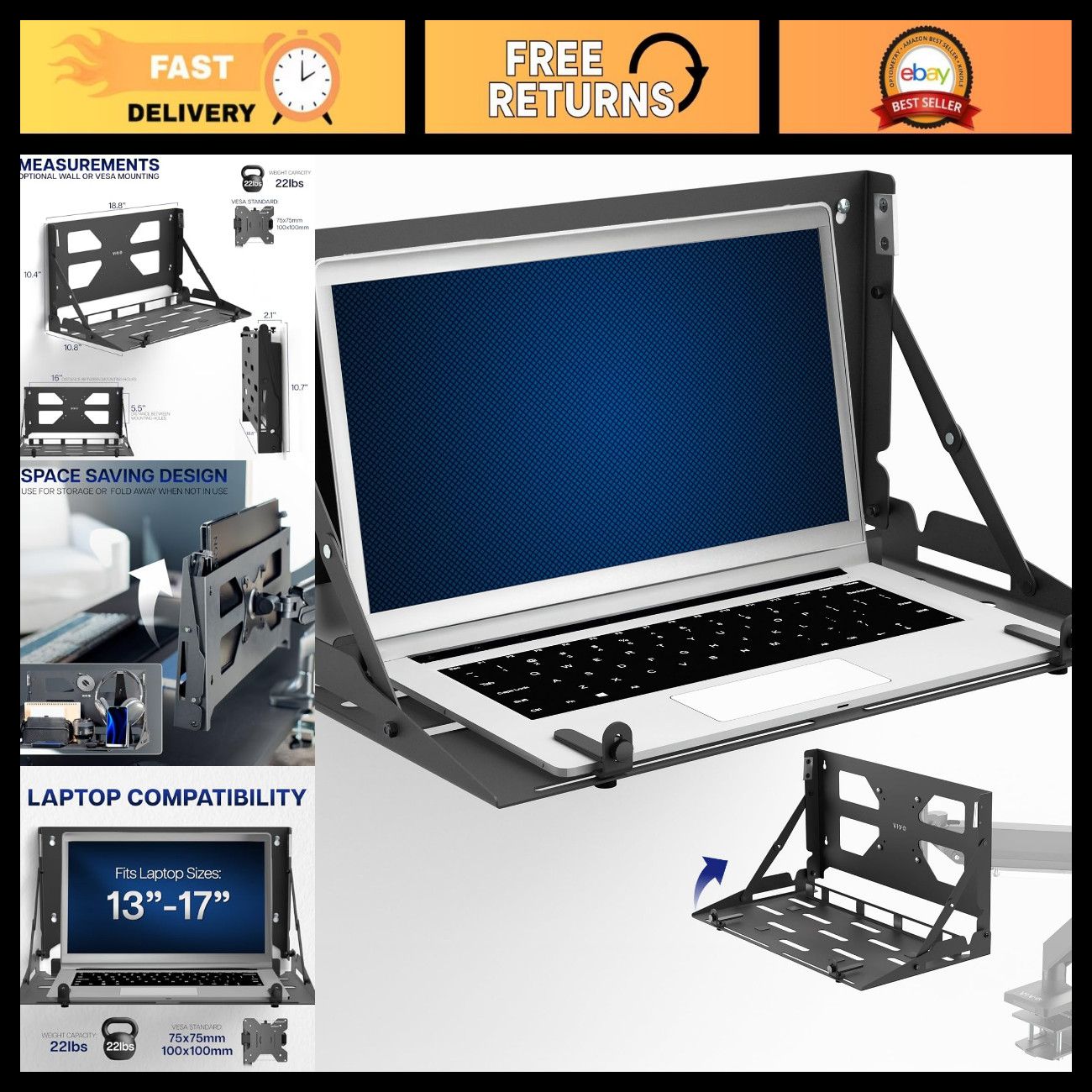 Adjustable Flip Down Laptop Tray Holder for 13-17" Laptops, Space-Saving Mount