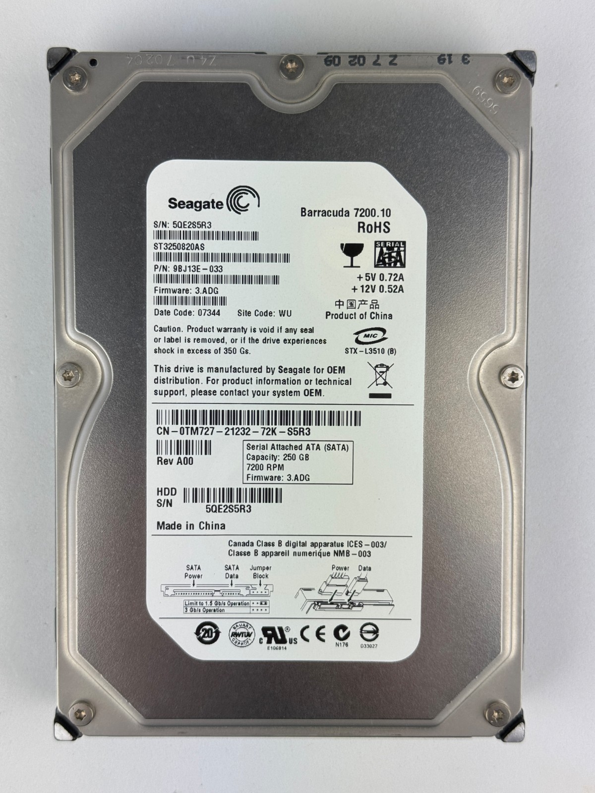 Seagate 250GB ST3250820AS (9BJ13E-033) - Firmware 3.ADG - Date code 07344 - SATA