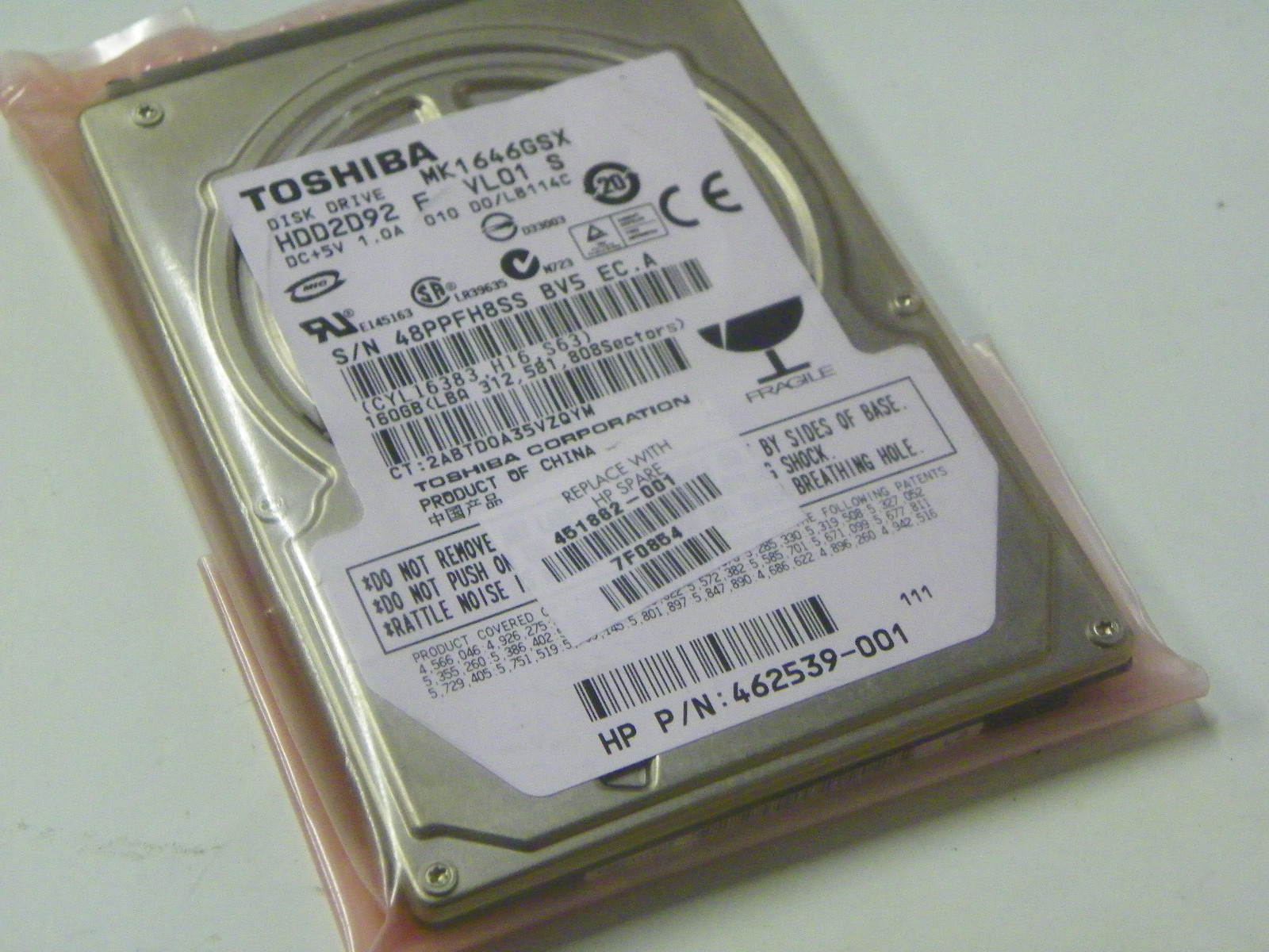 Toshiba MK1646GSX HDD2D92 F VL01 S 010 00/LB114C 160GB Laptop Hard Drive