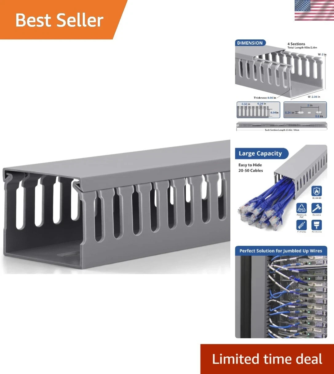 Professional Under-Desk Cable Management Raceway - Durable and Stylish Grey PVC 