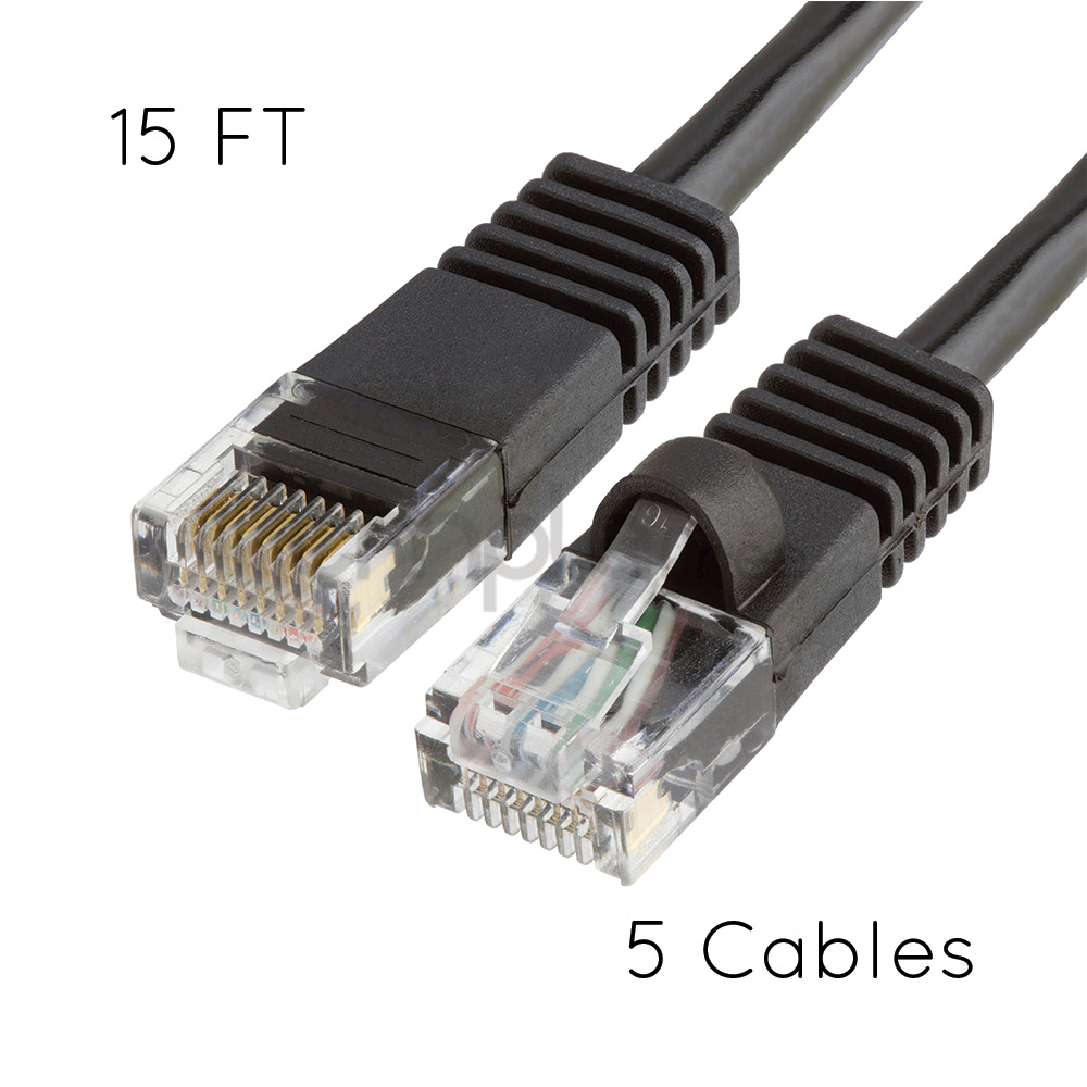 5x 15FT CAT5e Cable Ethernet Lan Network CAT5 RJ45 Patch Cord Internet Black NEW