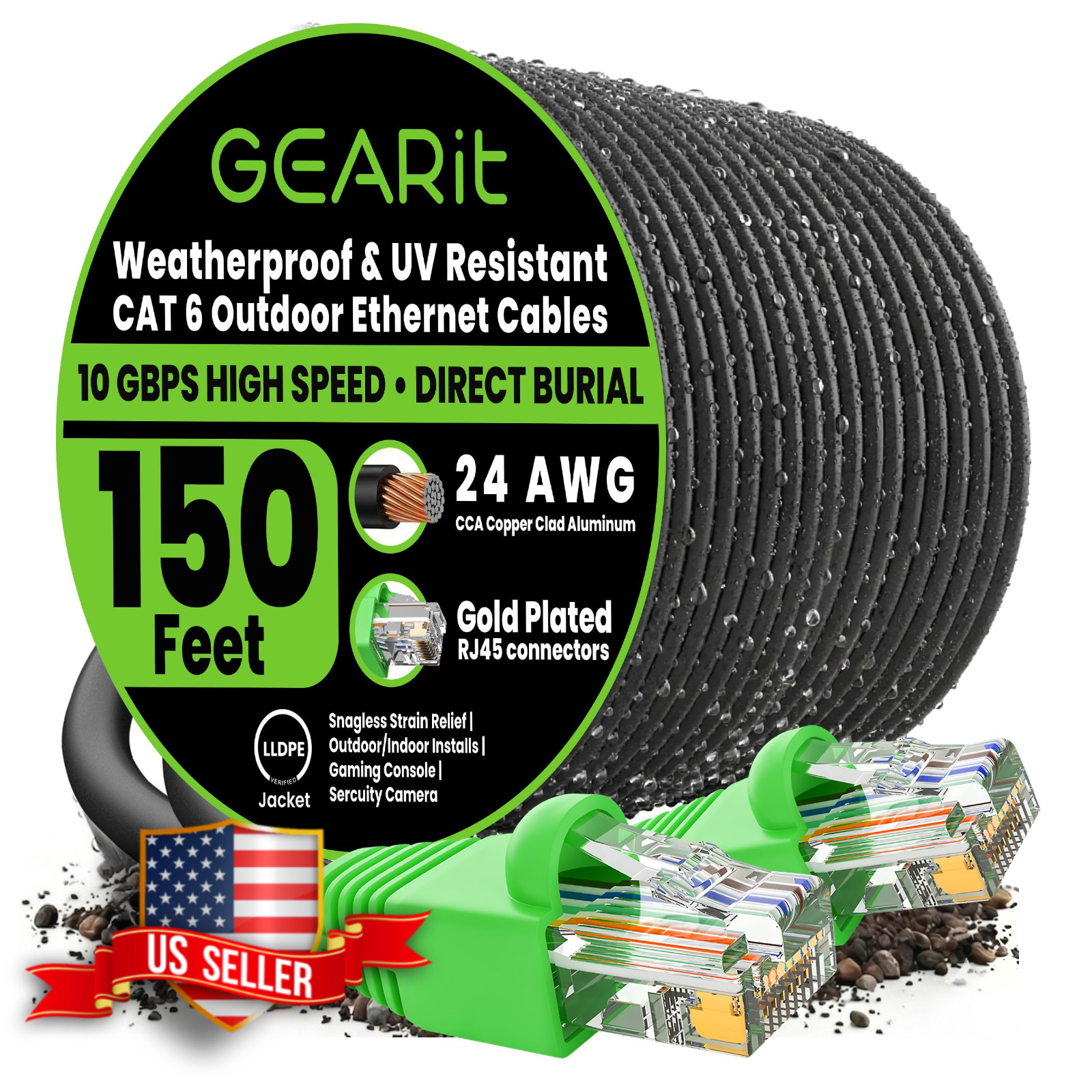 GEARit Cat 6 Outdoor Direct Burial Ethernet Cable 150 Ft Black