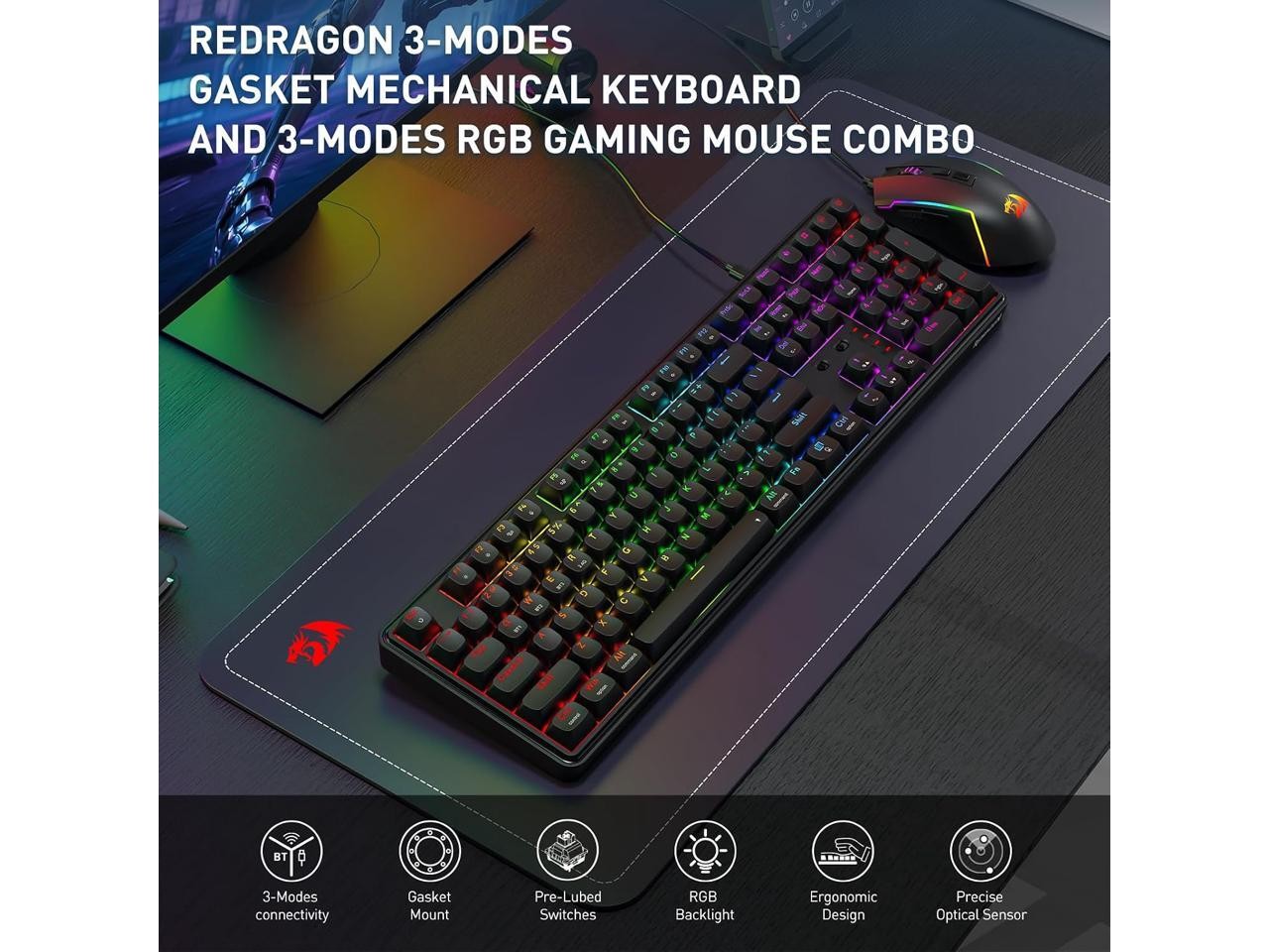 Redragon S163 3-Mode Wilreess Gaming Keyboard & Mouse Combo, 108 Keys K689 PRO