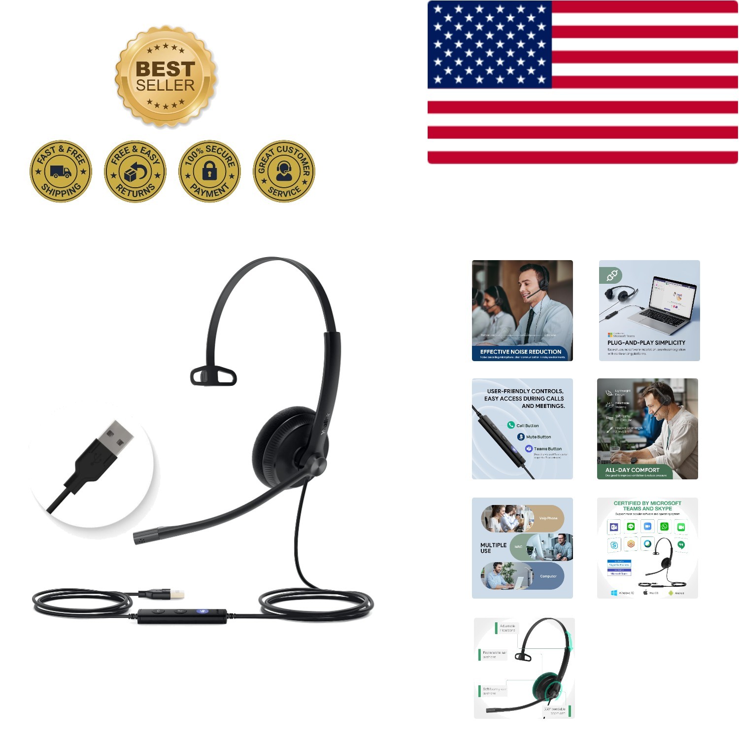 Ultra-Light Yealink UH34 USB Mono Headset with Noise Cancellation for Calls