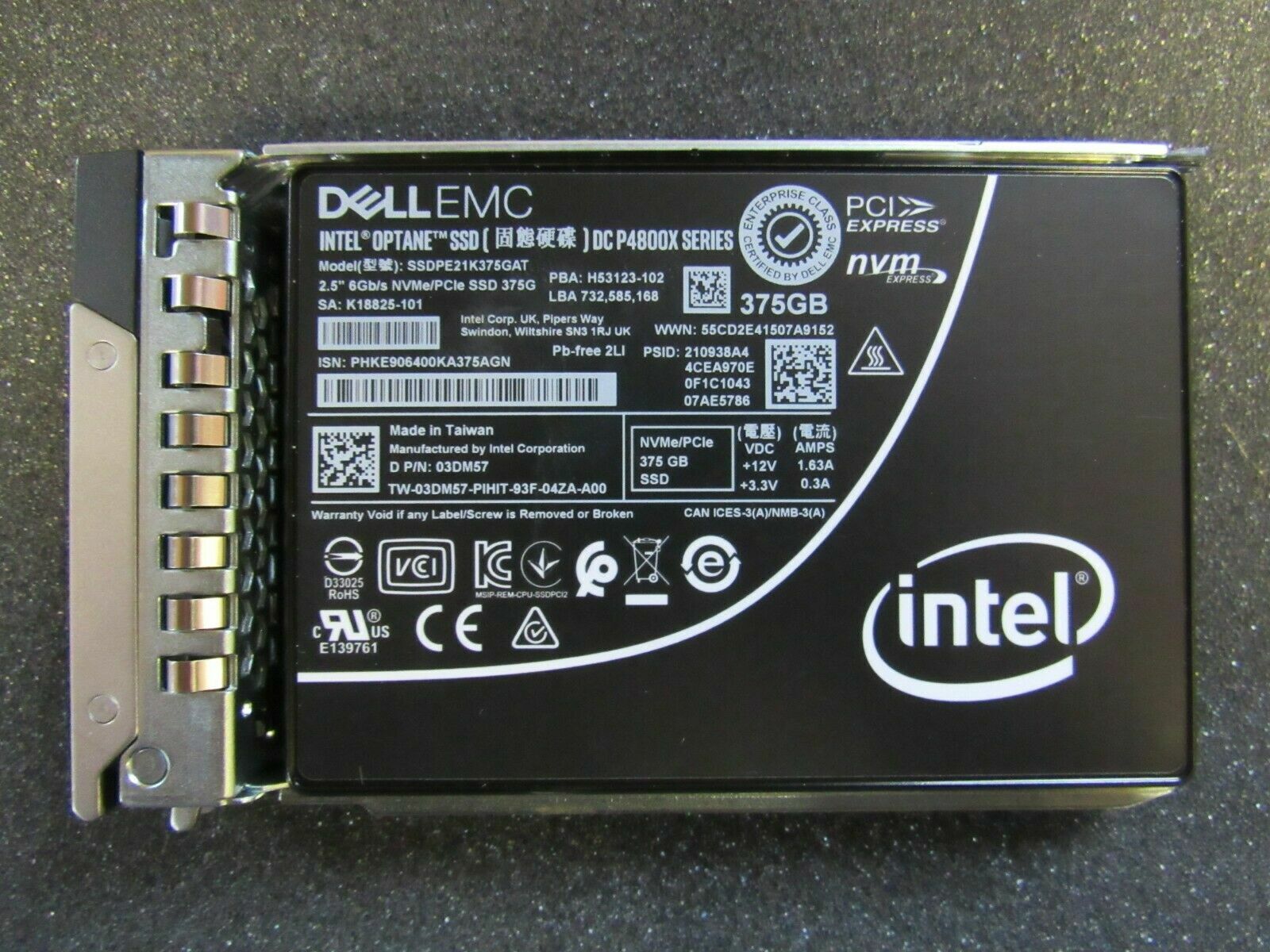 375GB Intel SSD U.2 P4800x SERIES Optane NVME/PCIE SSDPE21K375GAT DELL EMC