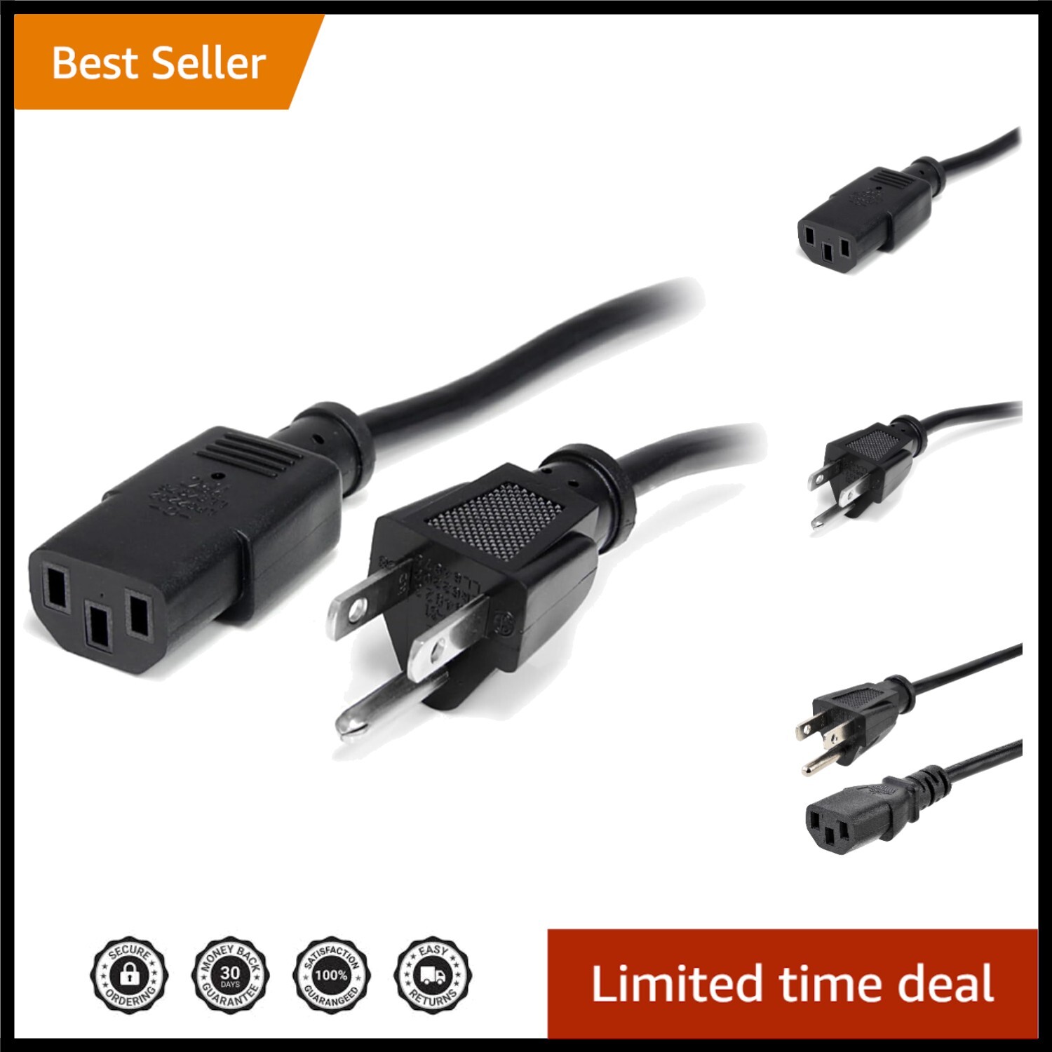 14AWG 3ft Computer Power Cable, NEMA 5-15P to C13, 15A 125V - Durable & Reliable