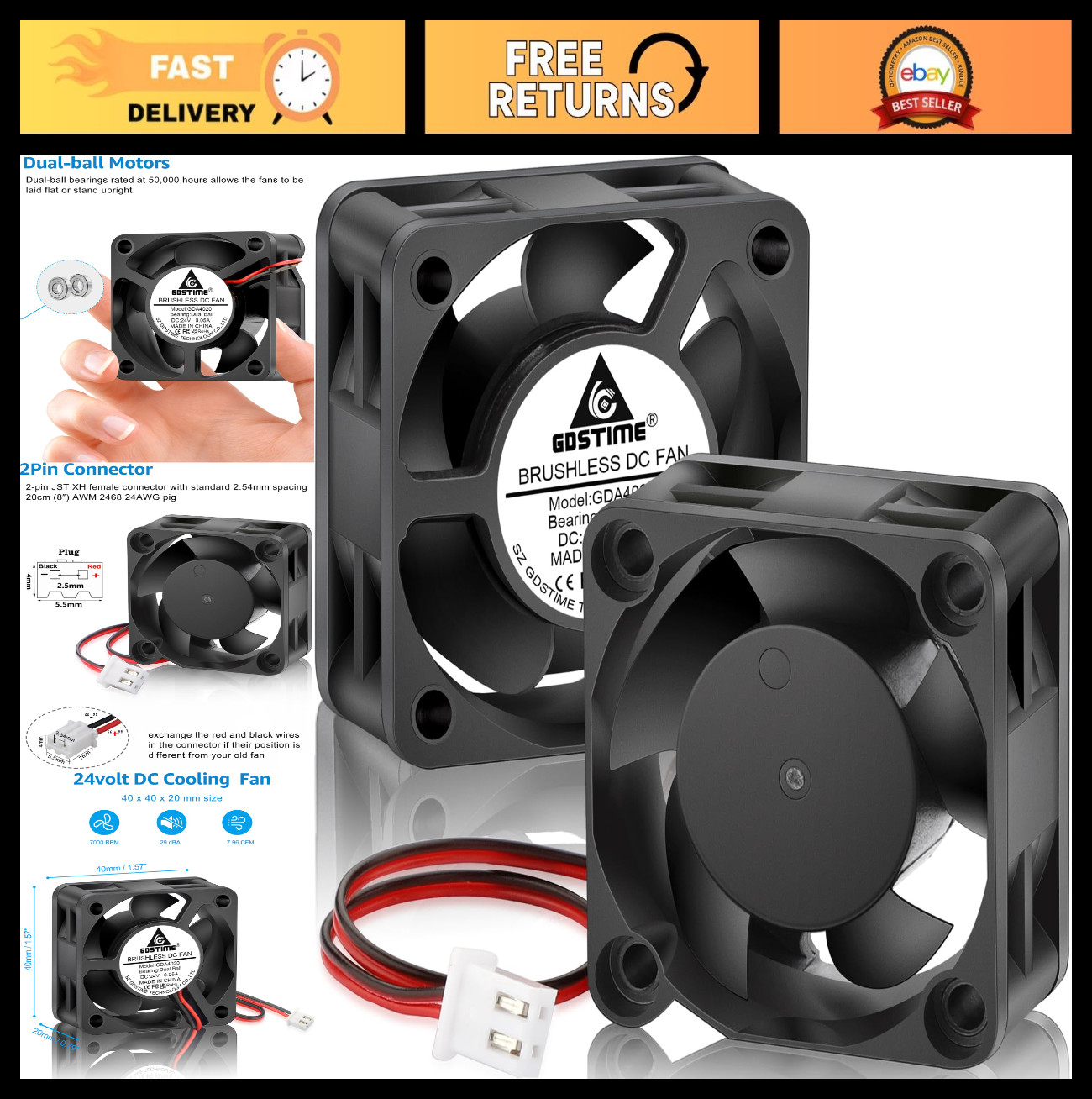 40mm 24V Dual Ball Bearing Fans - 2-Pack Brushless Cooling for Ender 3, 4020 2 P