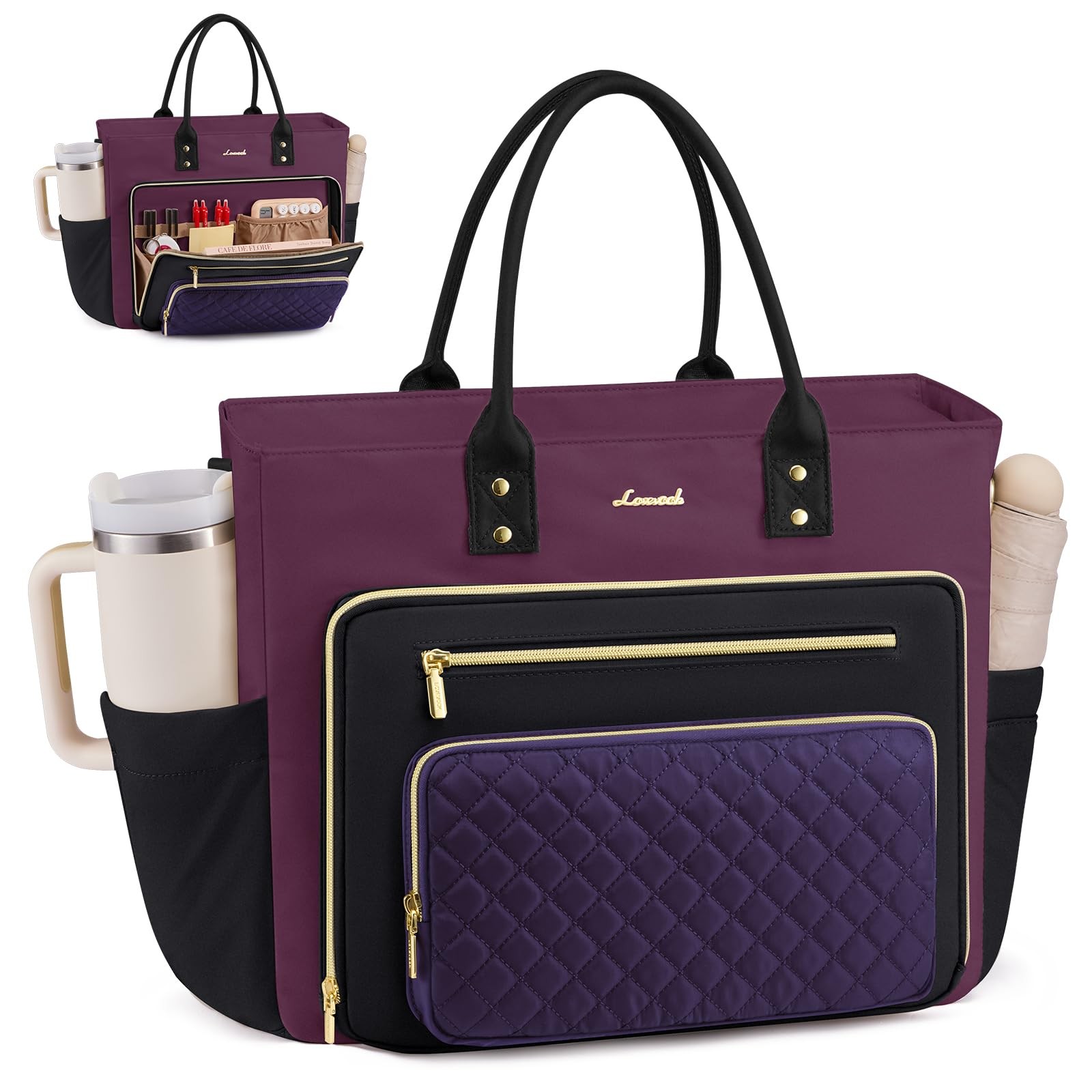 LOVEVOOK Teacher Tote Bag for 15.6 Inch, Eggplant Purple-blue Purple-black