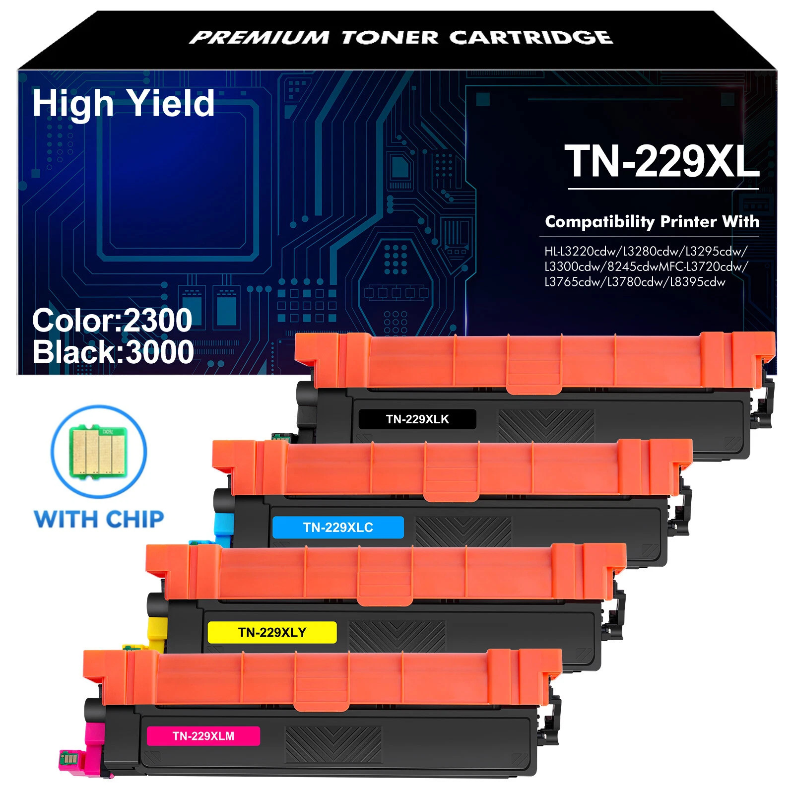 TN229XL 229XL TN229 High Yield Toner Cartridge Replacement Color Brother 4-Pack