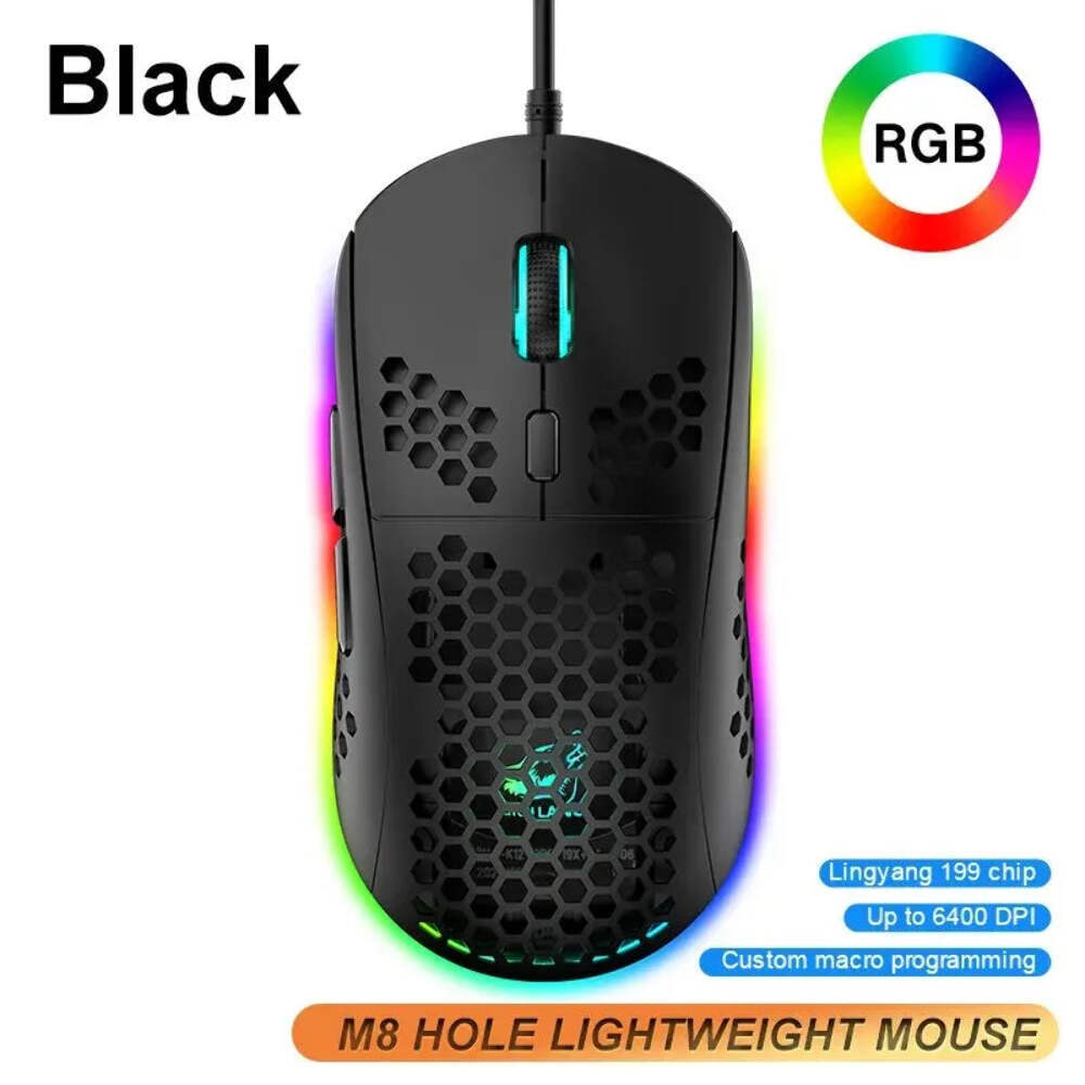 M8 Ultralight Wired Gaming Mouse Lightweight Honeycomb Shell 6 RGB Breathing Bac