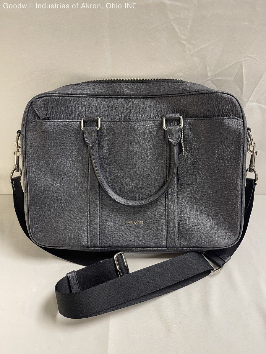 Coach Black Crossgrain Leather Slim Briefcase Laptop Bag Silver Hardware COA