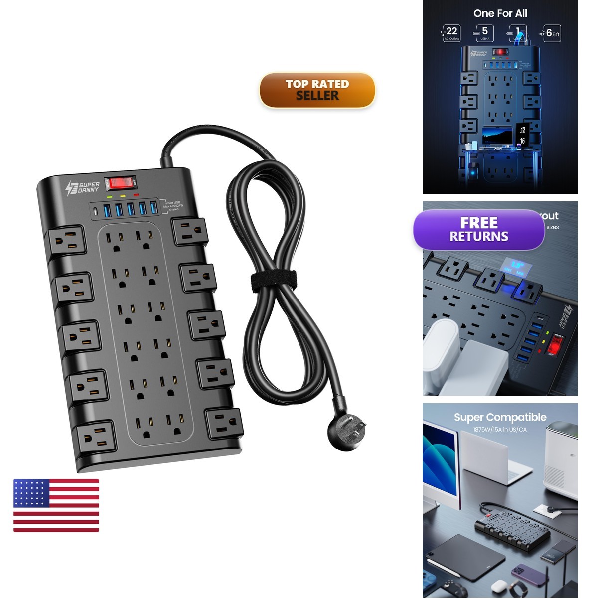 Power Strip Superdanny Surge Protector 22 Ac Outlets And 6 Usb Charging Ports