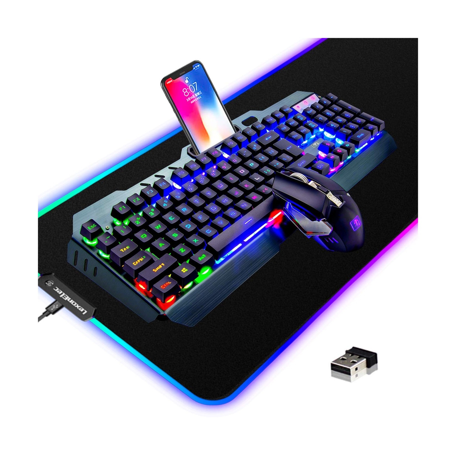 Wireless Gaming Keyboard and Mouse Combo,3 in 1 Rainbow LED Rechargeable Keyb...