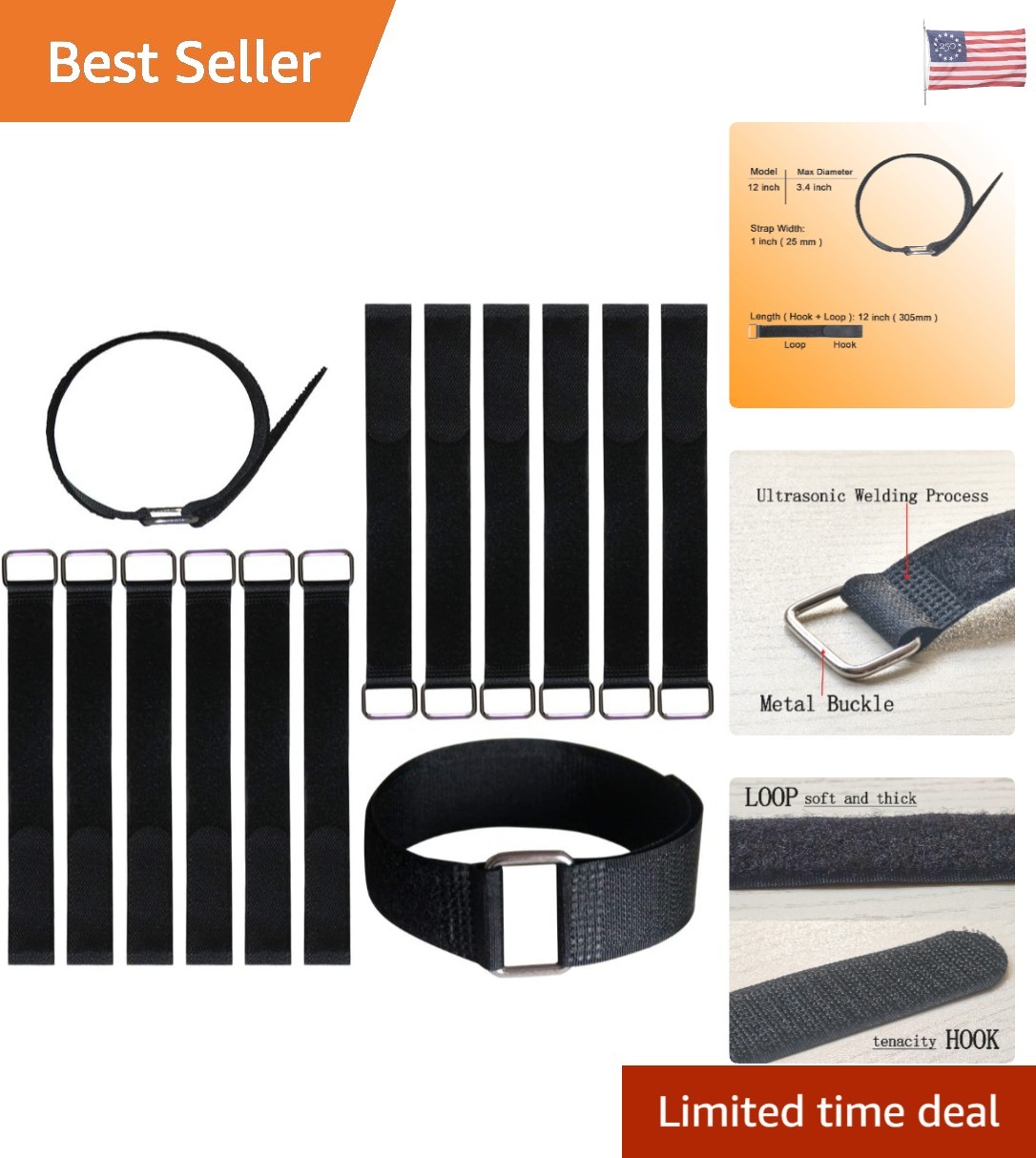 12-Pack Reusable Nylon Cable Straps with Metallic Buckles - Hook & Loop Design