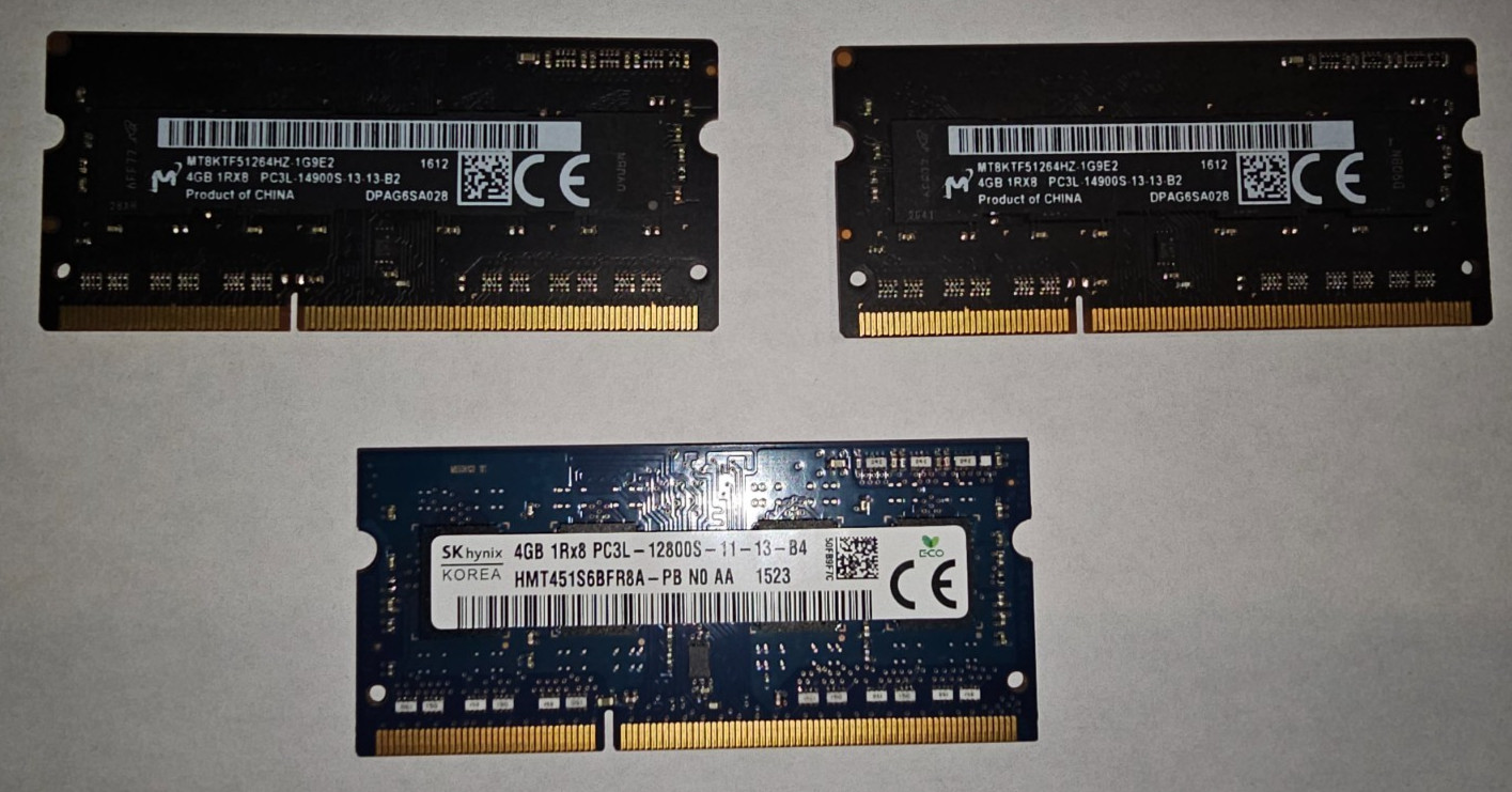 Lot of 3 - 12GB (3x4GB) DDR3L SODIMM Laptop RAM - Micron/SK hynix - TESTED