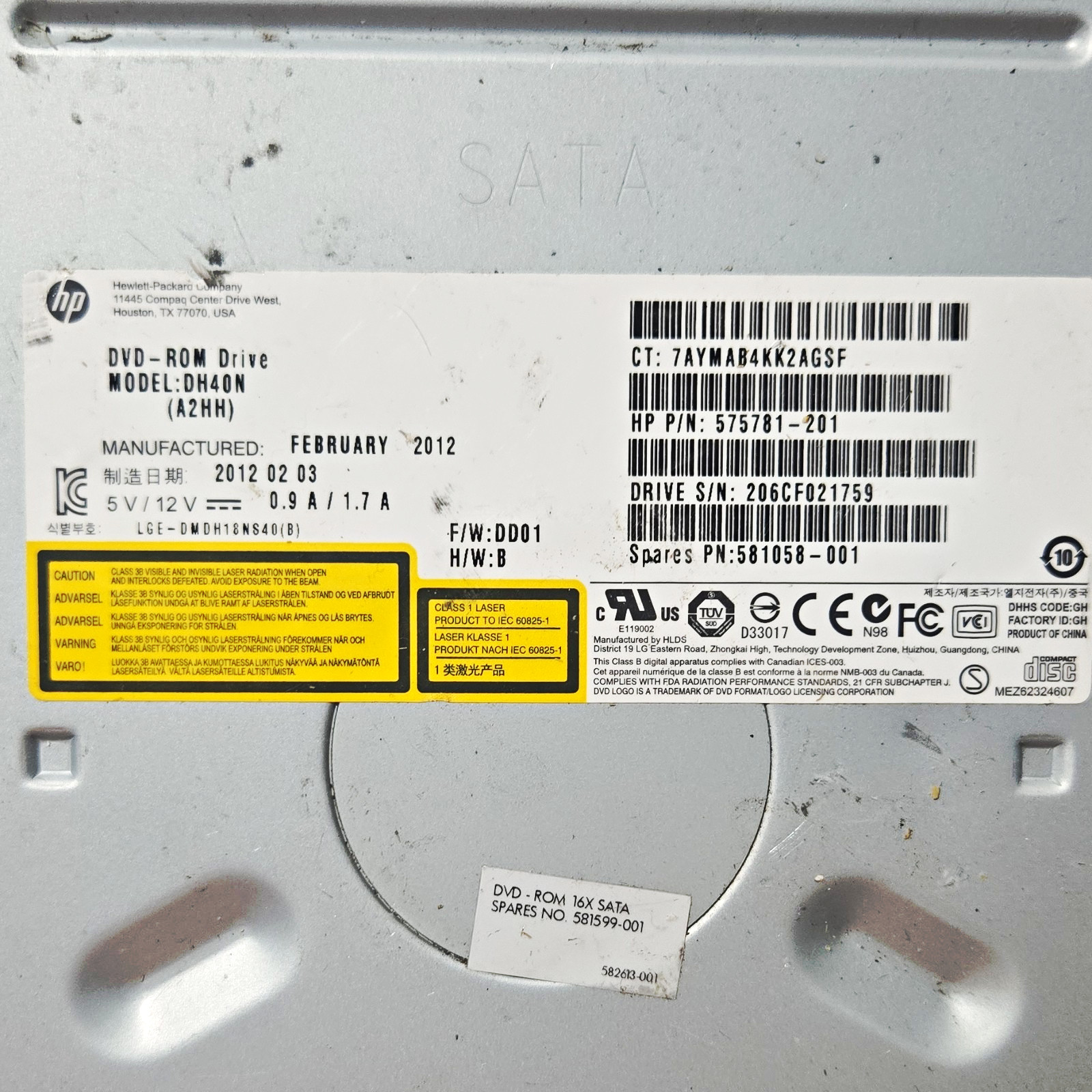 HP DH40N SATA 5.25 in Internal Desktop DVD-ROM/CD-ROM Drive 16x Black 581058-001